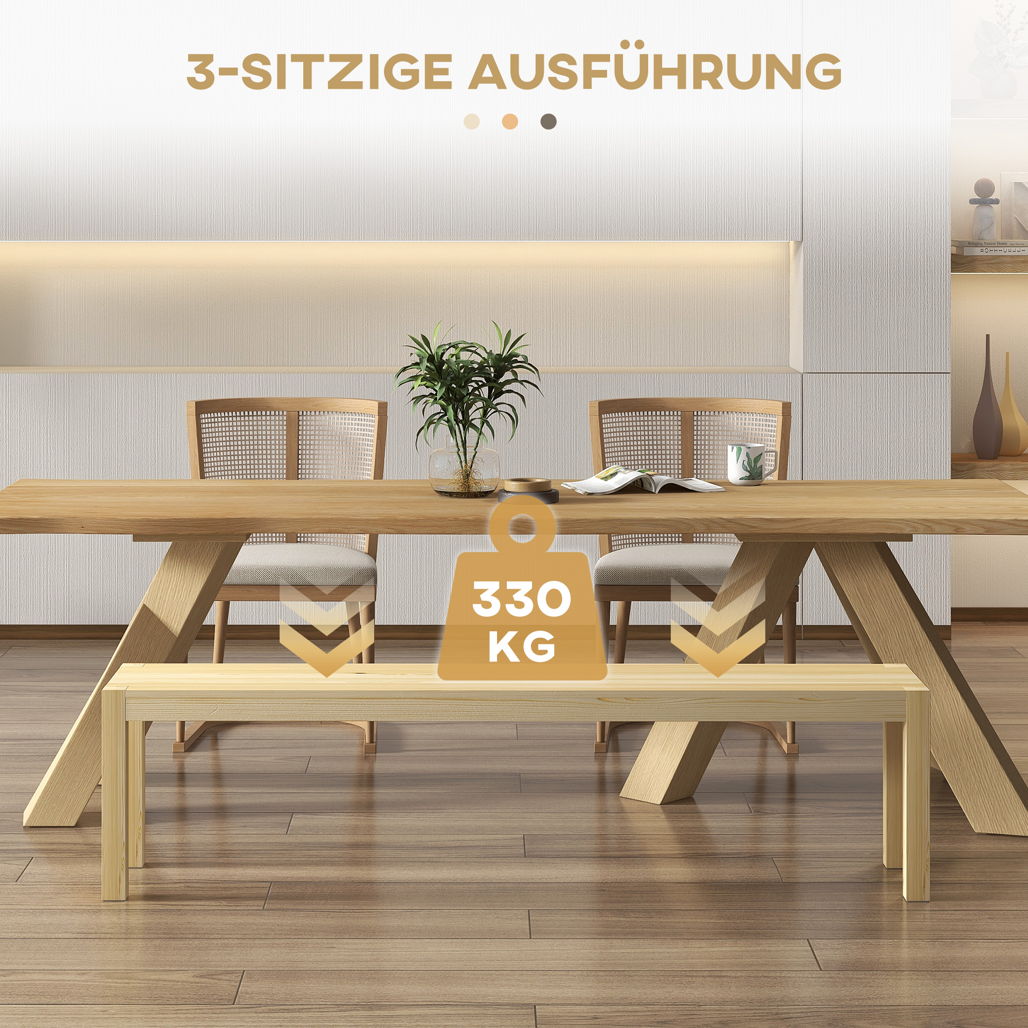 Sitzbank, Platz für 3 Personen, bis 330 kg, Kiefernholz, 175x33x45 cm