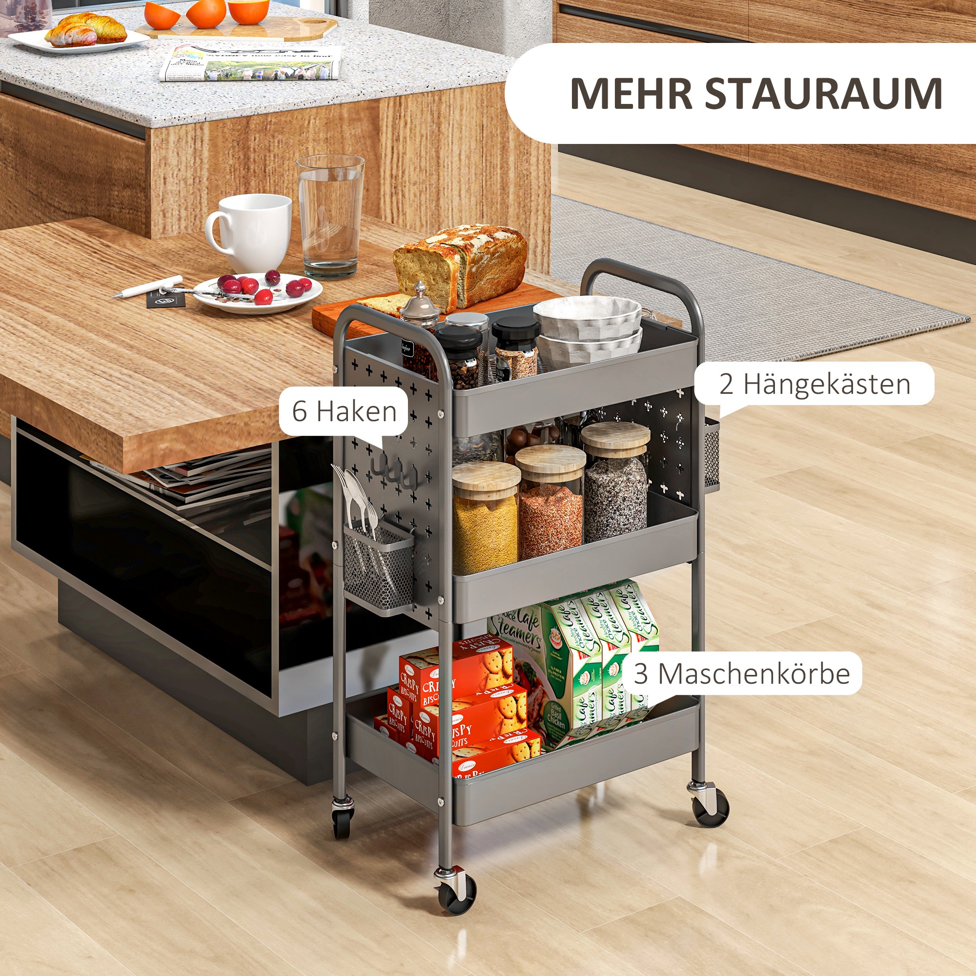 Mehrzweckwagen Rollwagen Küchenwagen, 3 Regale, 4 Rollen, 53,5 cm x 30,5 cm x 75 cm, Grau