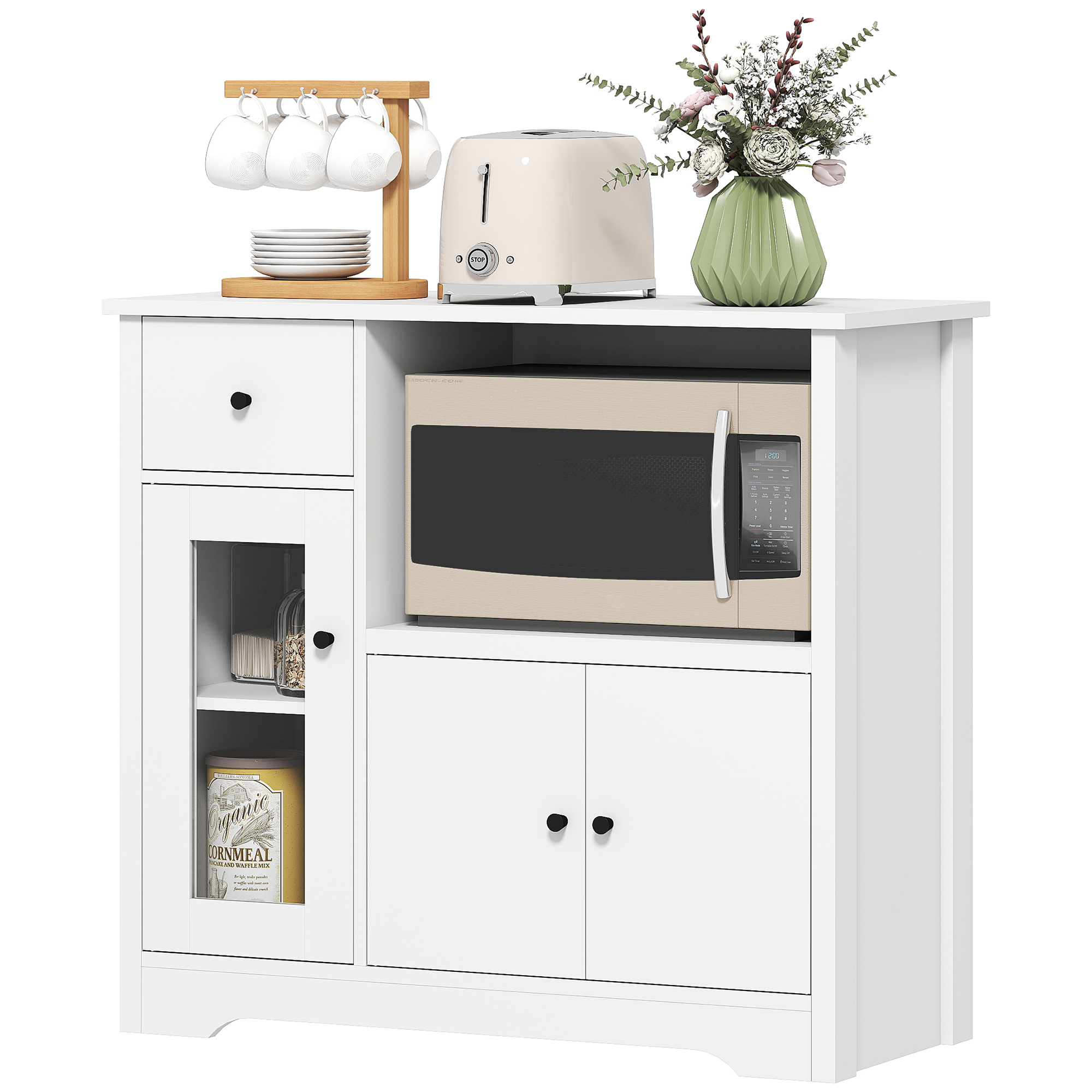 Küchenschrank mit Kabelloch, Kommode mit 2 Schränken, offenes Fach, Schublade, 80 x 35 x 72,2 cm, Spanplatte, Weiß