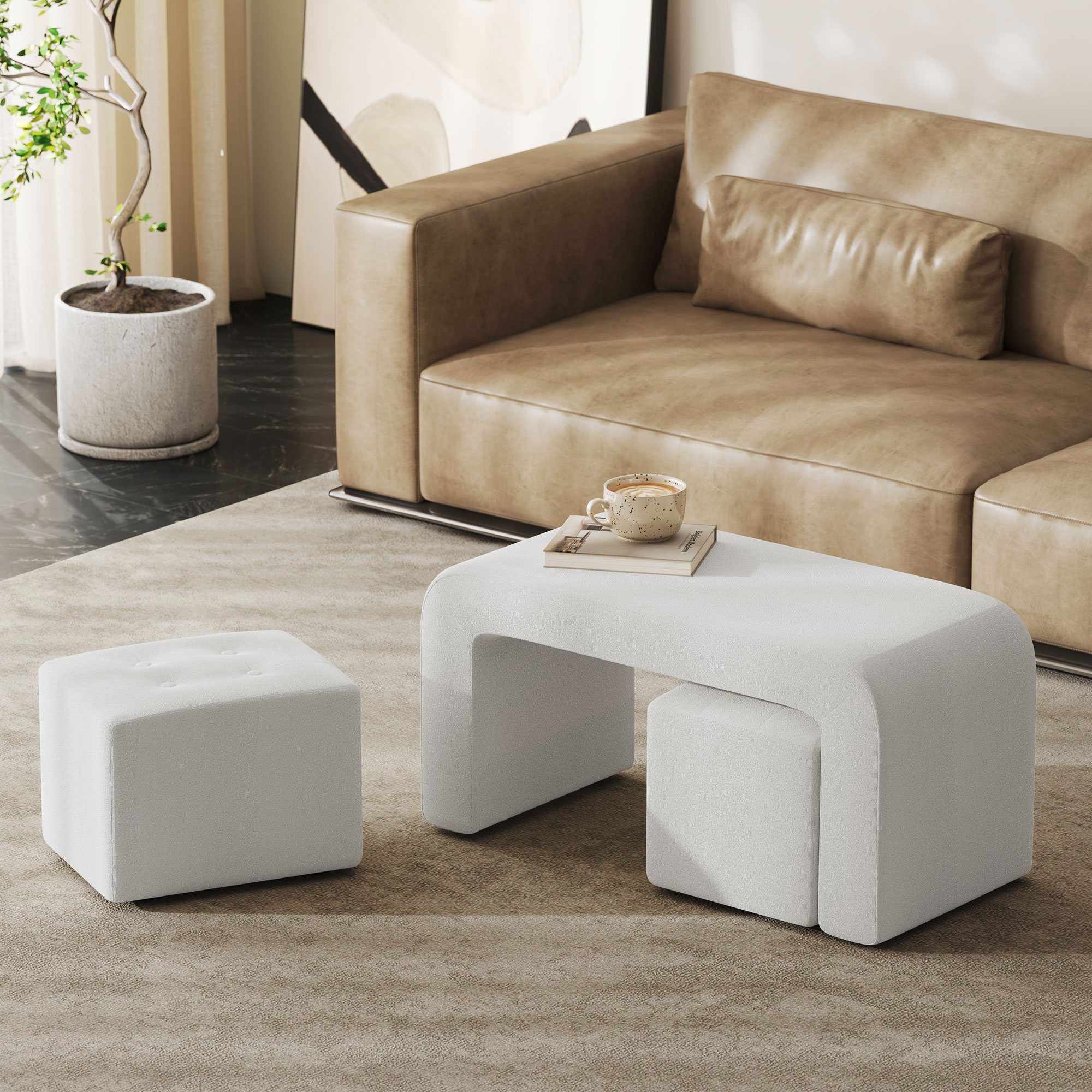 Fußhocker-Set Fußhocker 3-teilig, Knopfheftung, 89 cm x 42,5 cm x 45 cm, Creme