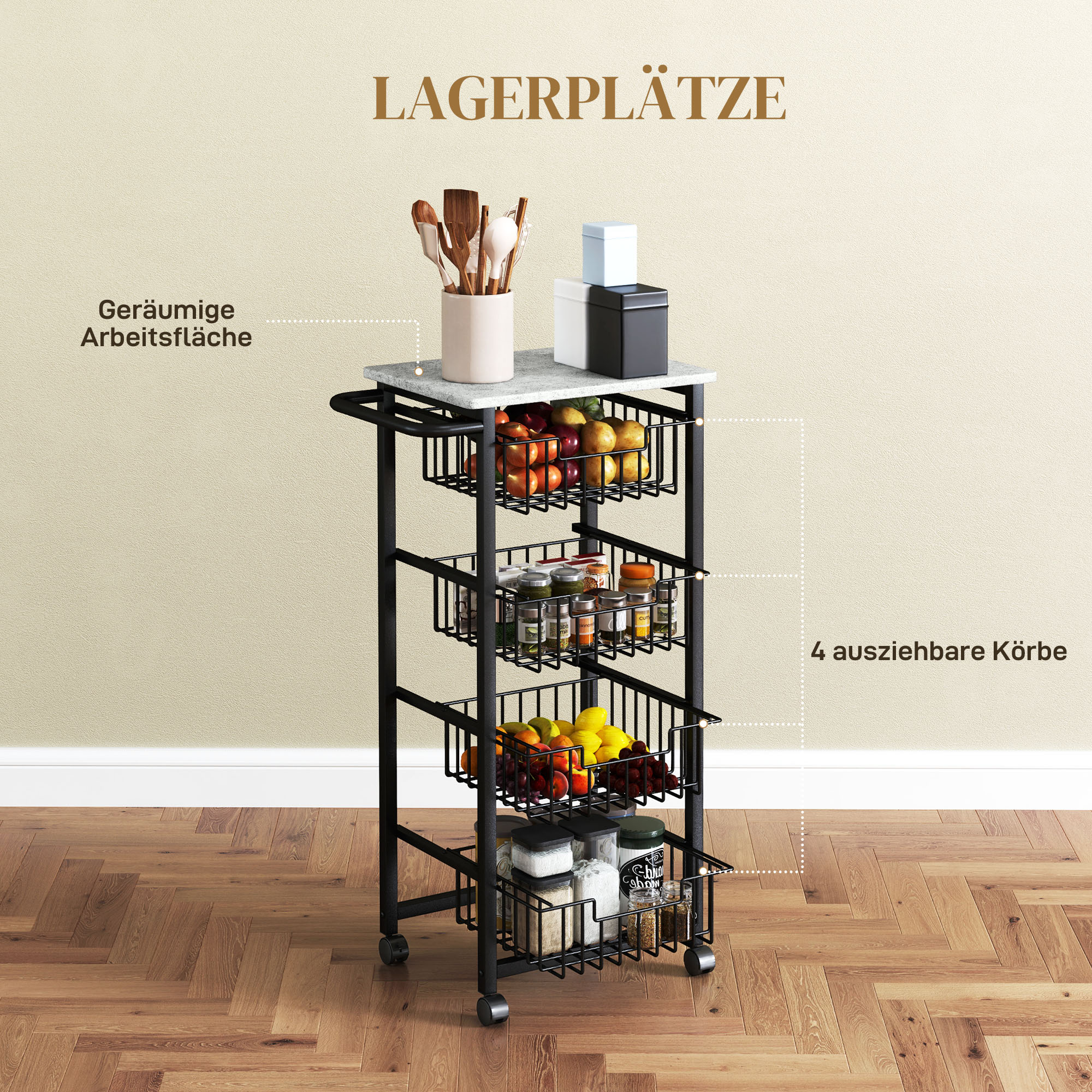 4-stufige Küchenwagen auf Rädern, Rollbarer Servierwagen, Küchen-Trolley mit 4 Stahlkörben, Servierwagen