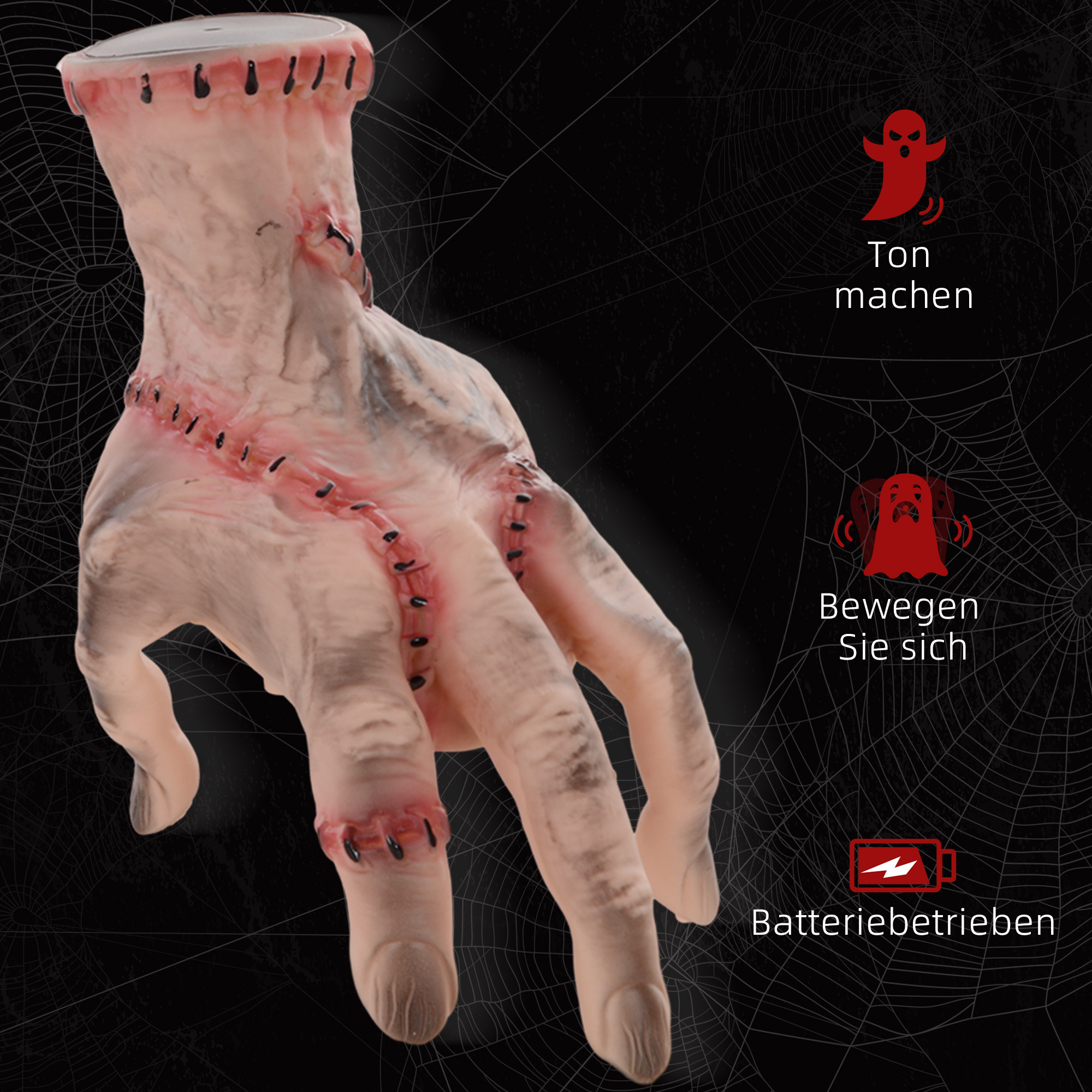 Horror-Hand, Helloweendeko, aktiviert mit Geräusche/Berührung, beweglich, Sound