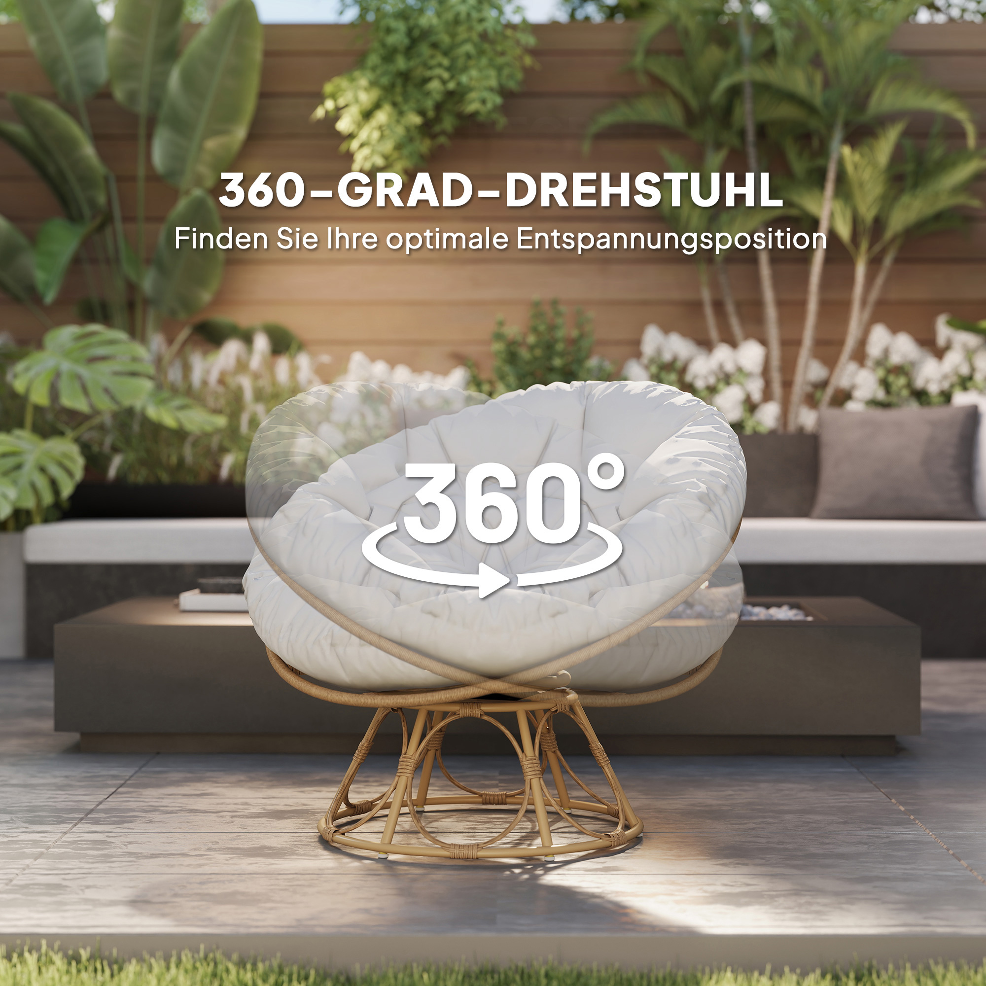 Papasansessel Rattan 360° drehbar Korbsessel mit Sitzkissen runder Outdoor