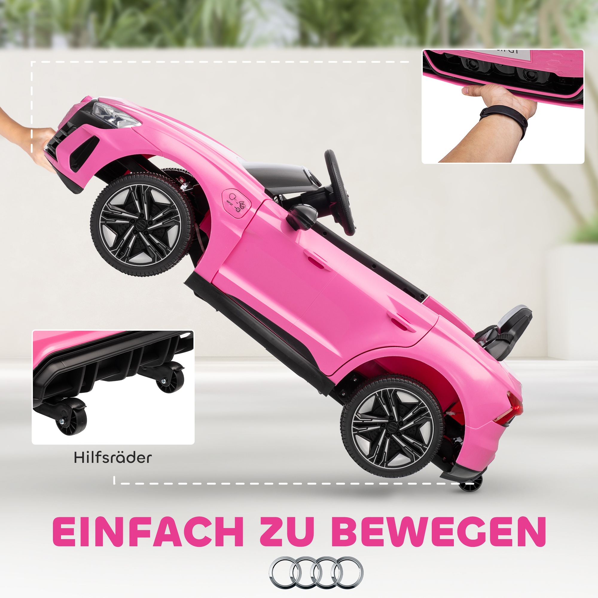 Kinder-Elektroauto mit Fernbedienung, Sicherheitsgurt, Hupe, Musik, Scheinwerfer, bis 5 km/h, 3-5 Jahre, Rosa