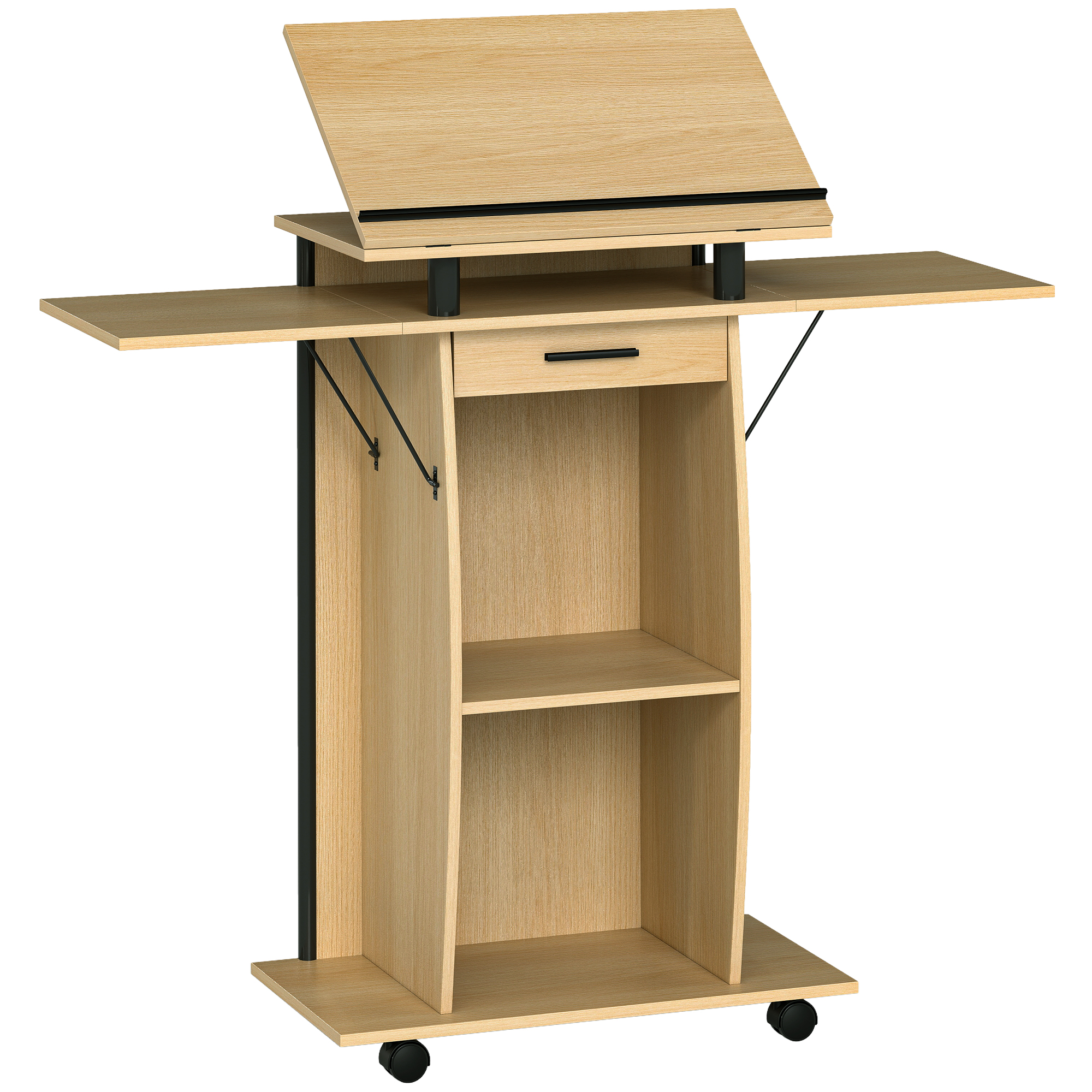 Rollbarer Podiumsständer, Redepult mit klappbaren Seitenflügeln, Laptop-Tisch mit Schublade und Regalen, Eichenoptik
