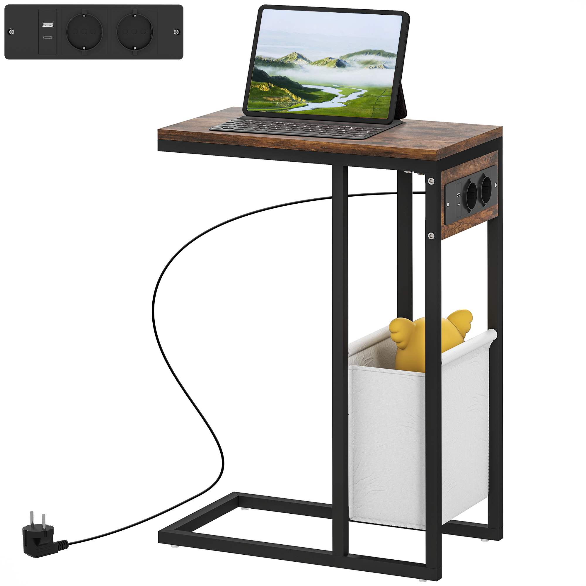 Beistelltisch mit Steckdosen, USB-Anschlüssen, Kabel, C-förmiges Design Beistelltisch mit Steckdosen, USB-Anschlüssen, Kabel, C-förmiges Design