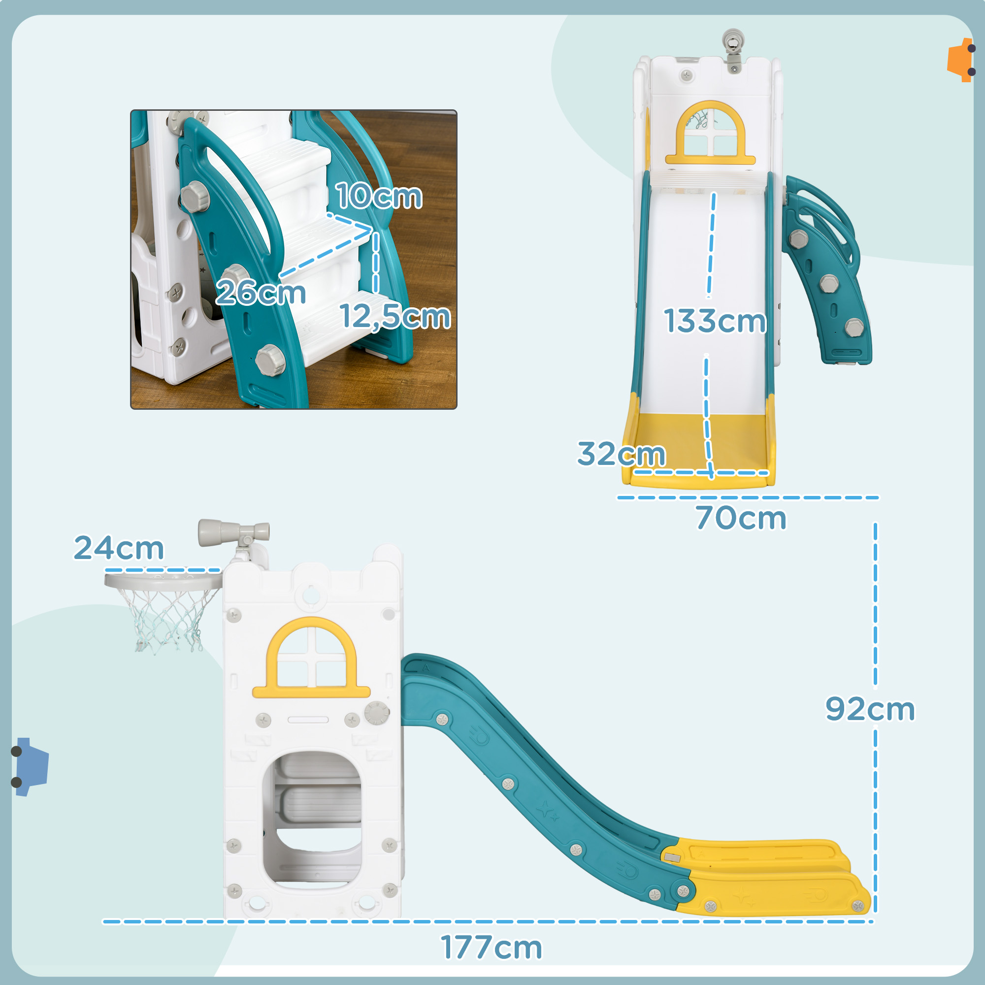 Kinderrutsche, 5 in 1, Kleinkinderrutsche mit Basketballkorb, Teleskop Klettergerüst Gelb 70 x 177 x 92 cm
