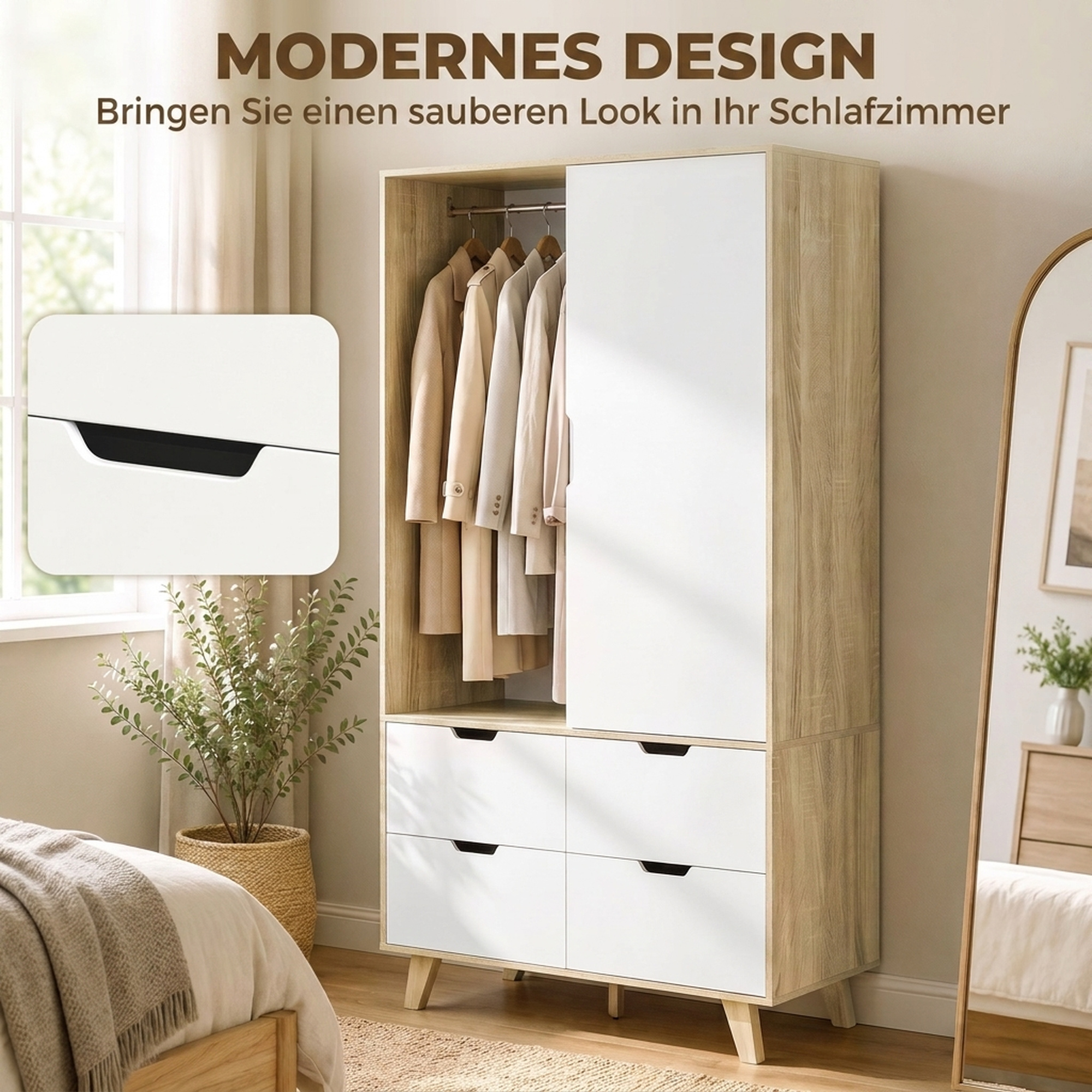 Moderner Kleiderschrank mit Schiebetüren, Kleiderstange, verstellbaren Böden und 4 Schubladen, Eiche/Weiß