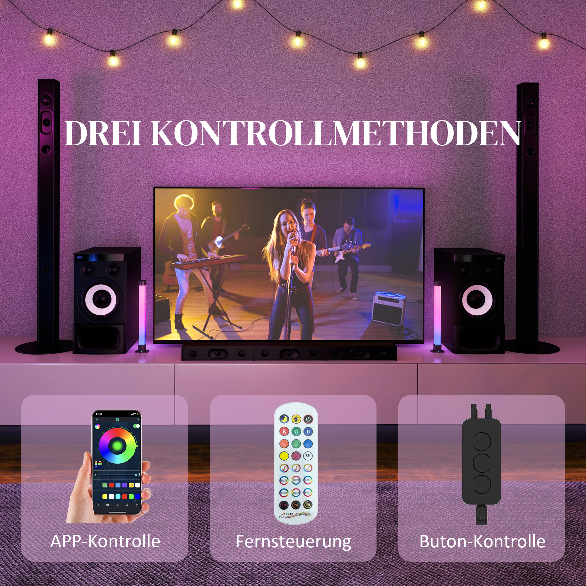 2er-Set LED-Lampe, Tischlampe mit App- und Fernsteuerung, Musik-Synchronisation, Farb-Modi, Timer, Weiß