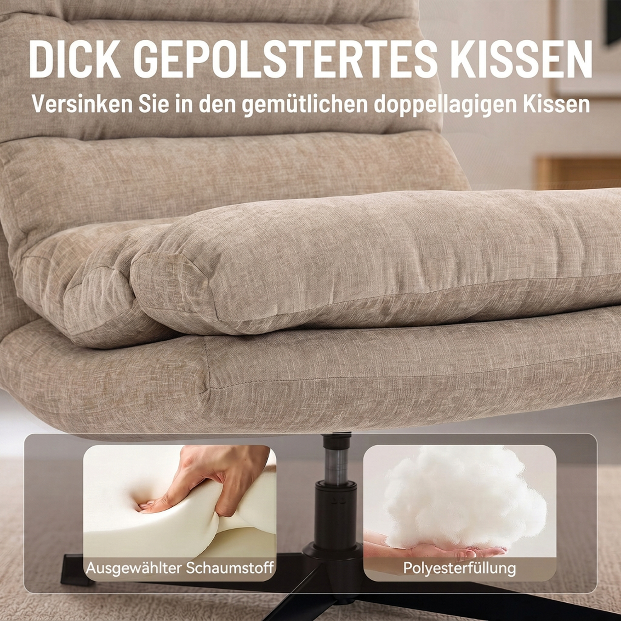 Loungesessel mit Fußhocker, drehbarer Chenille-Sessel mit höhenverstellbarem Fußhocker, dicker Polsterung und breiter Sitzfläche, Braun