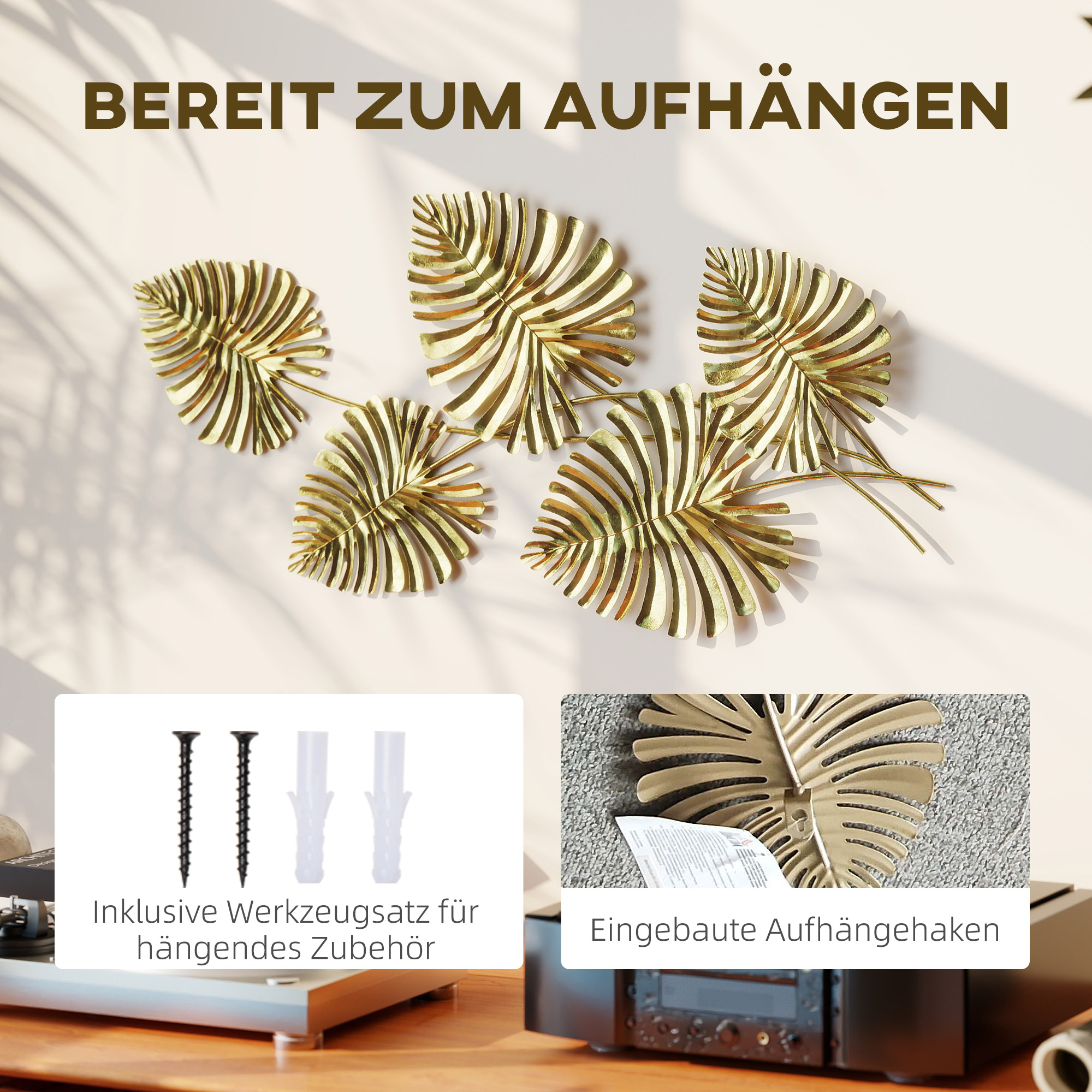 Wanddekor-Set aus Metall, lackierte Oberfläche, Blatt-Form, Goldfarben