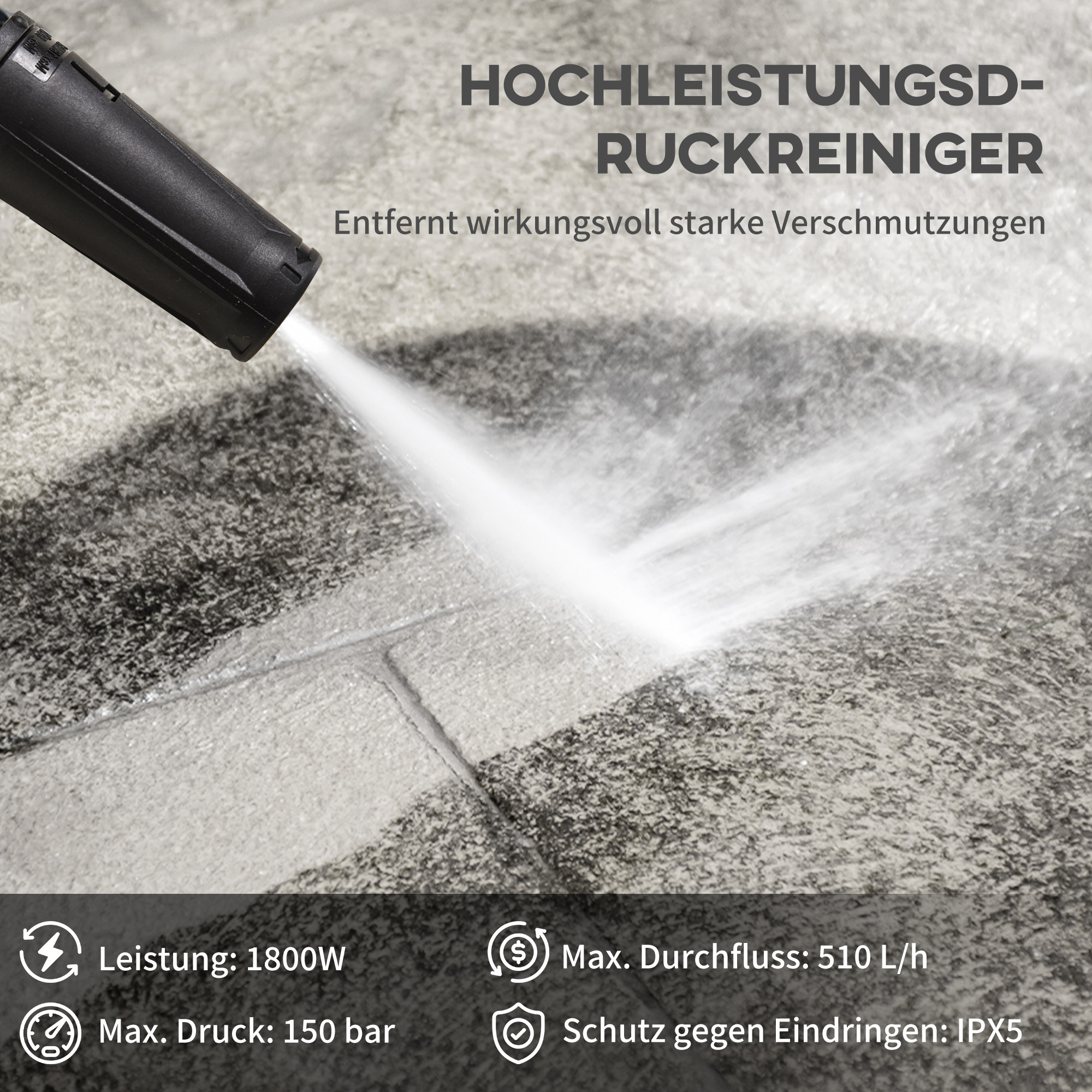 Hochdruckreiniger Druckreiniger 5-tlg. Zubehör, verstellbare Spritzdüse, 150 bar Druck, 1800 W, max. 510 l/h, 35x27x78cm