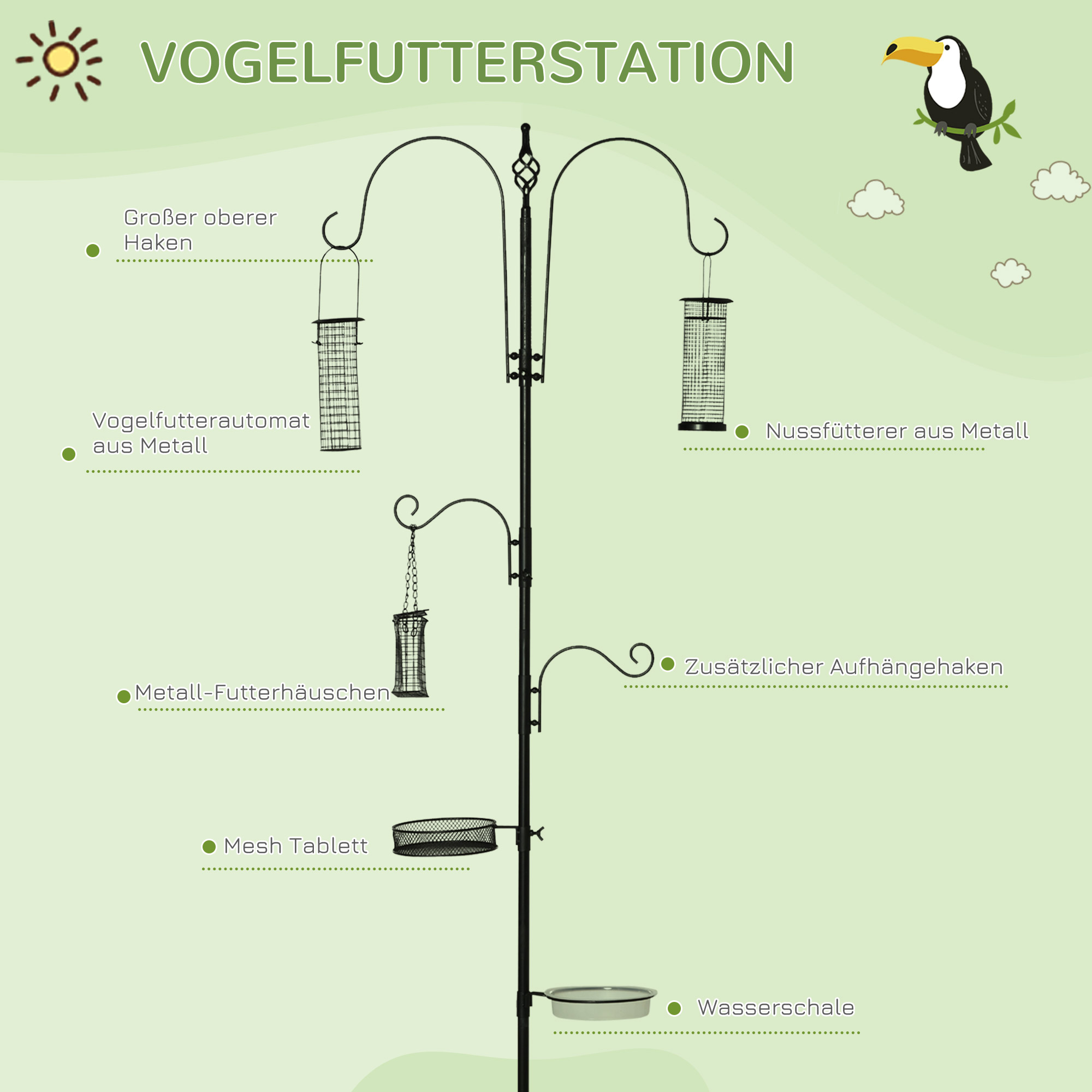 Vogel Futterstation 208 cm Vogelfutterstation mit 4 Haken, Erdspieß, Wasser- & Futterschale, Futtersäule Freistehend Vogelfutterspender für Garten Wildvögel Stahl Schwarz