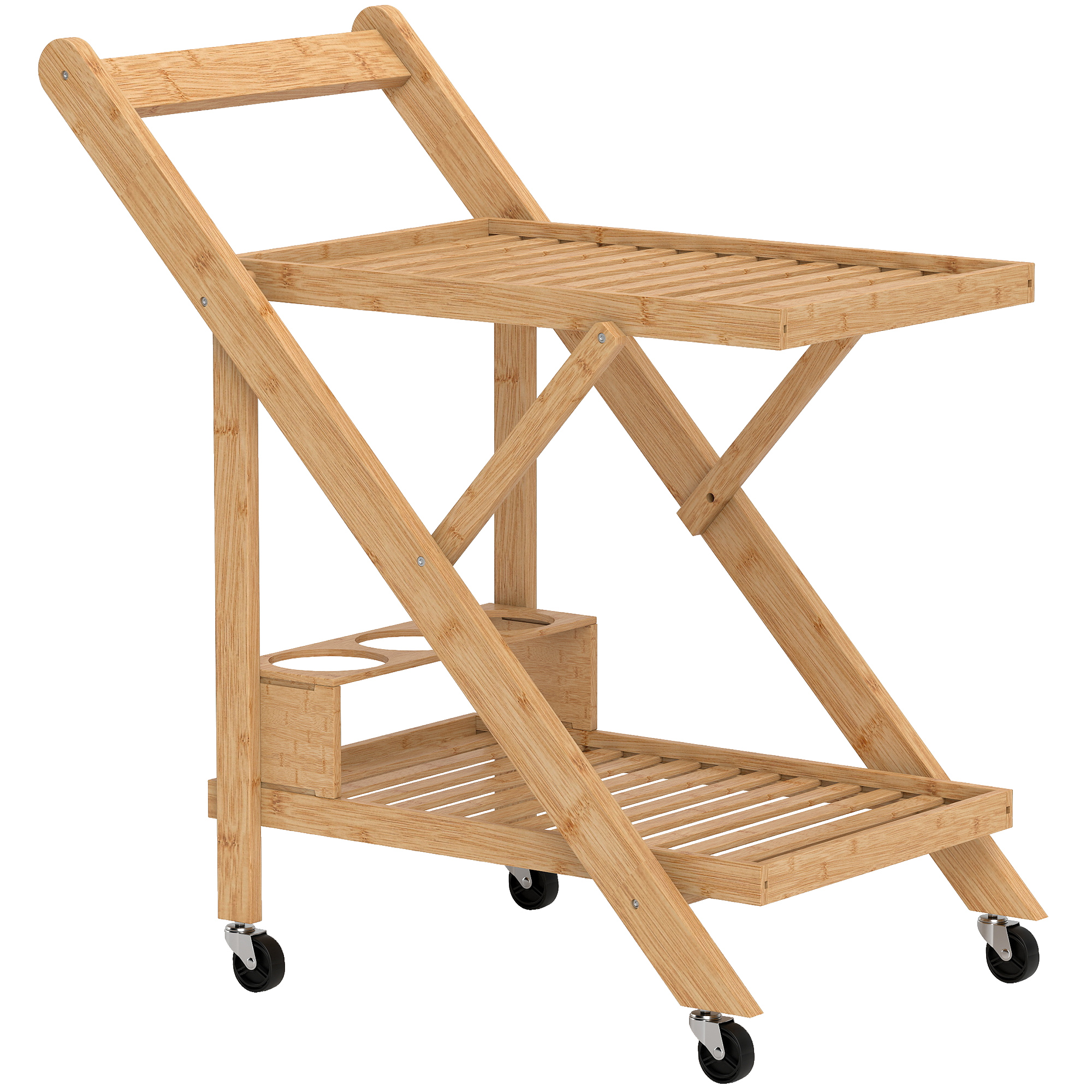 Küchenwagen auf Rädern, Servierwagen mit 3 Weinregalen, 2 Tabletts, für Küche, Esszimmer, Bambusholz, Hellbraun