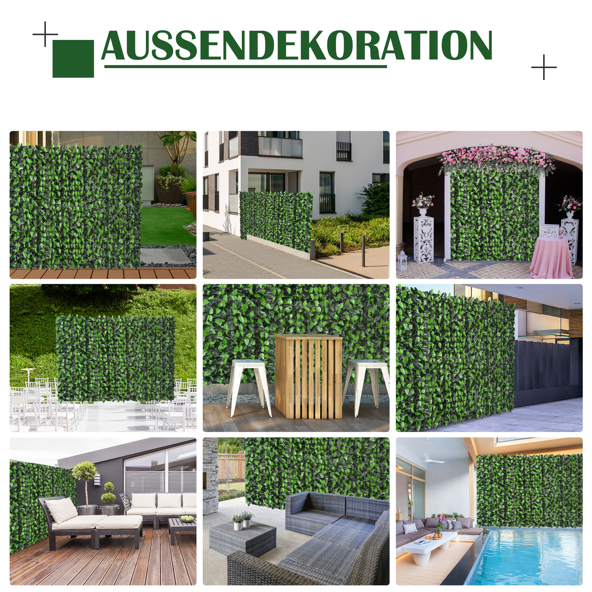 Kunsthecke Kunspflanze Kletterpflanze, Outdoordekoration,  realistisches Aussehen, 300 cm× 100 cm, Dunkelgrün