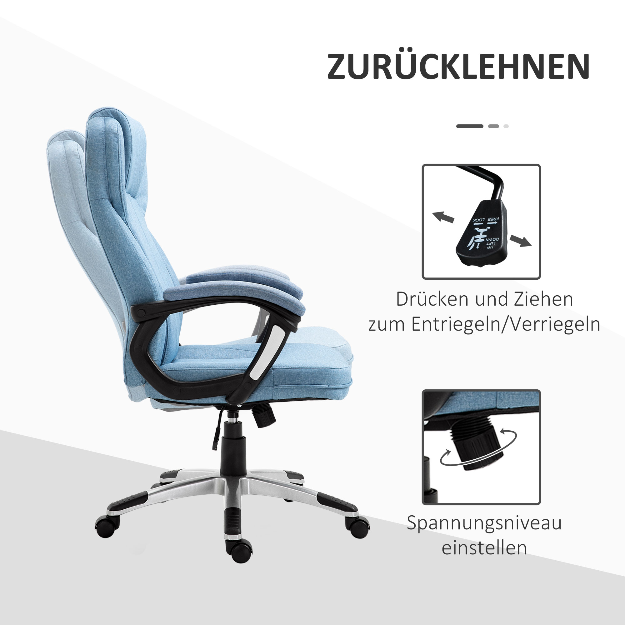 Bürostuhl Computerstuhl Drehstuhl höhenverstellbar Wippfunktion mit Kopfstütze und gepolsterte Armlehnen Ergonomisch Hellblau Leinen 66 x 75 x 110–120 cm