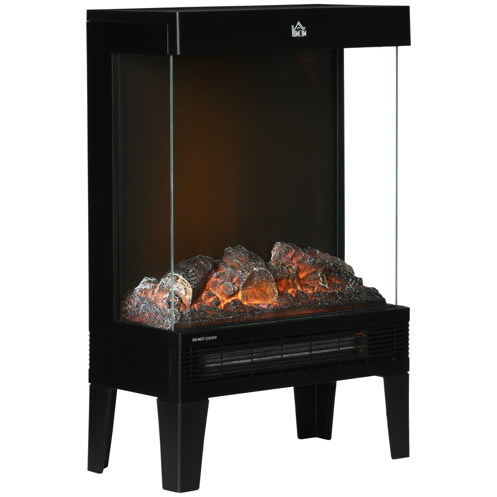 Elektrokamin, 2000 W, Standkamin mit HeizungLED 3D-Flammeneffekt, 4 Helligkeitsstufen, Elektrischer Kamin mit Thermostat, Überhitzungsschutz, Schwarz