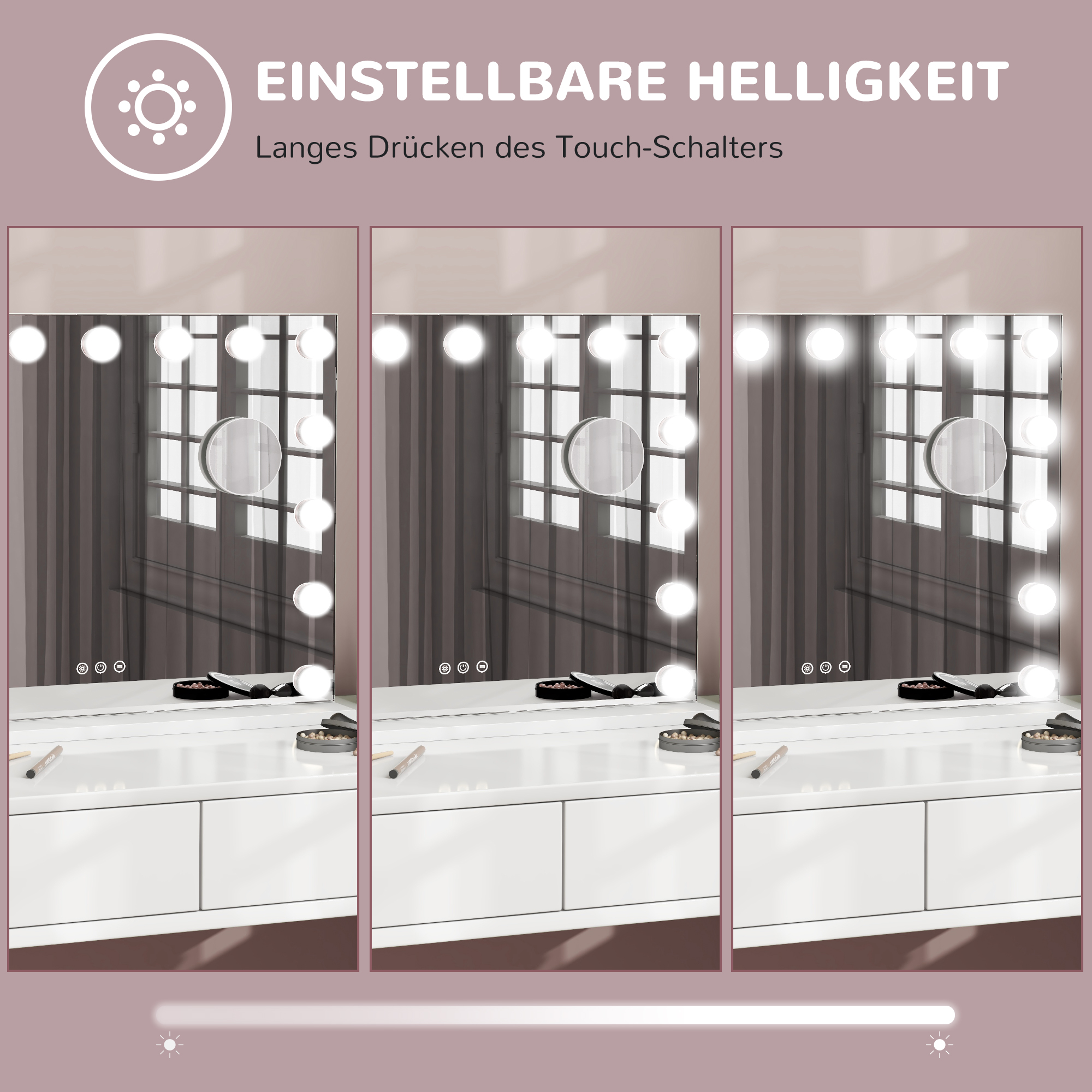 LED-Kosmetikspiegel, 3 Lichtmodi, dimmbar, Touch-Steuerung, USB, 58x48cm, Weiß