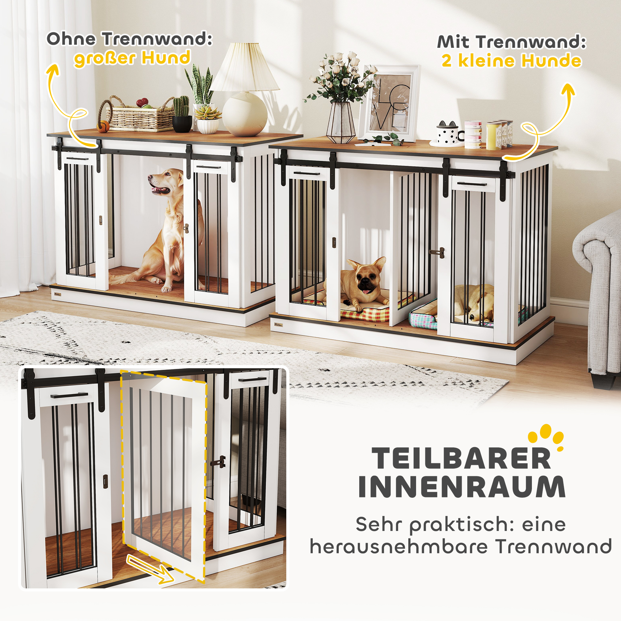 Hundekäfig mit 2 Türen, Hundebox, Transportbox für Hunde, rustikales Design, verriegelbar, Weiß