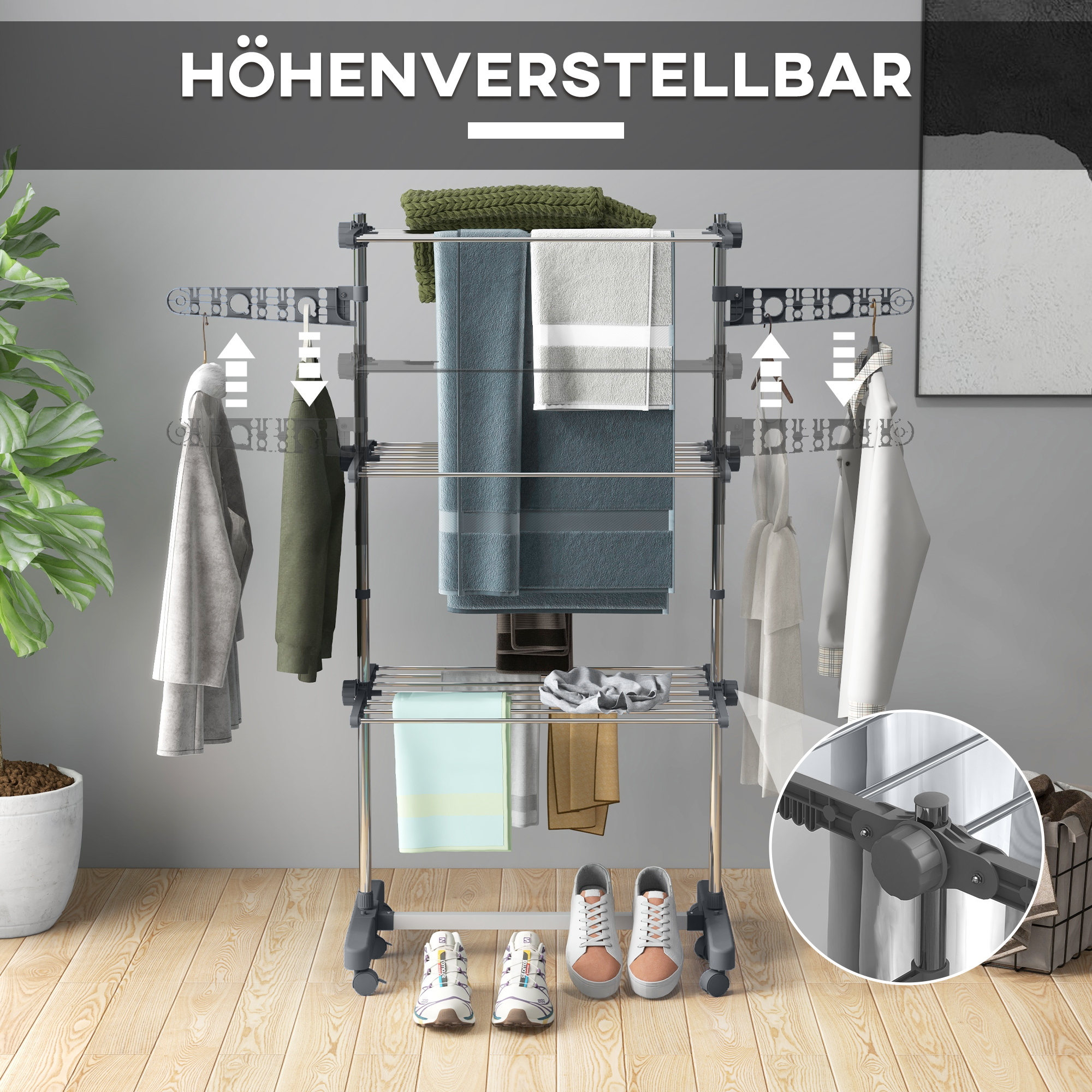 Wäschenständer Wäschetrockner, 4 Ebenen, klappbar, One-Klick-System, 142 cm x 55 cm x 152 cm Blau + Silber