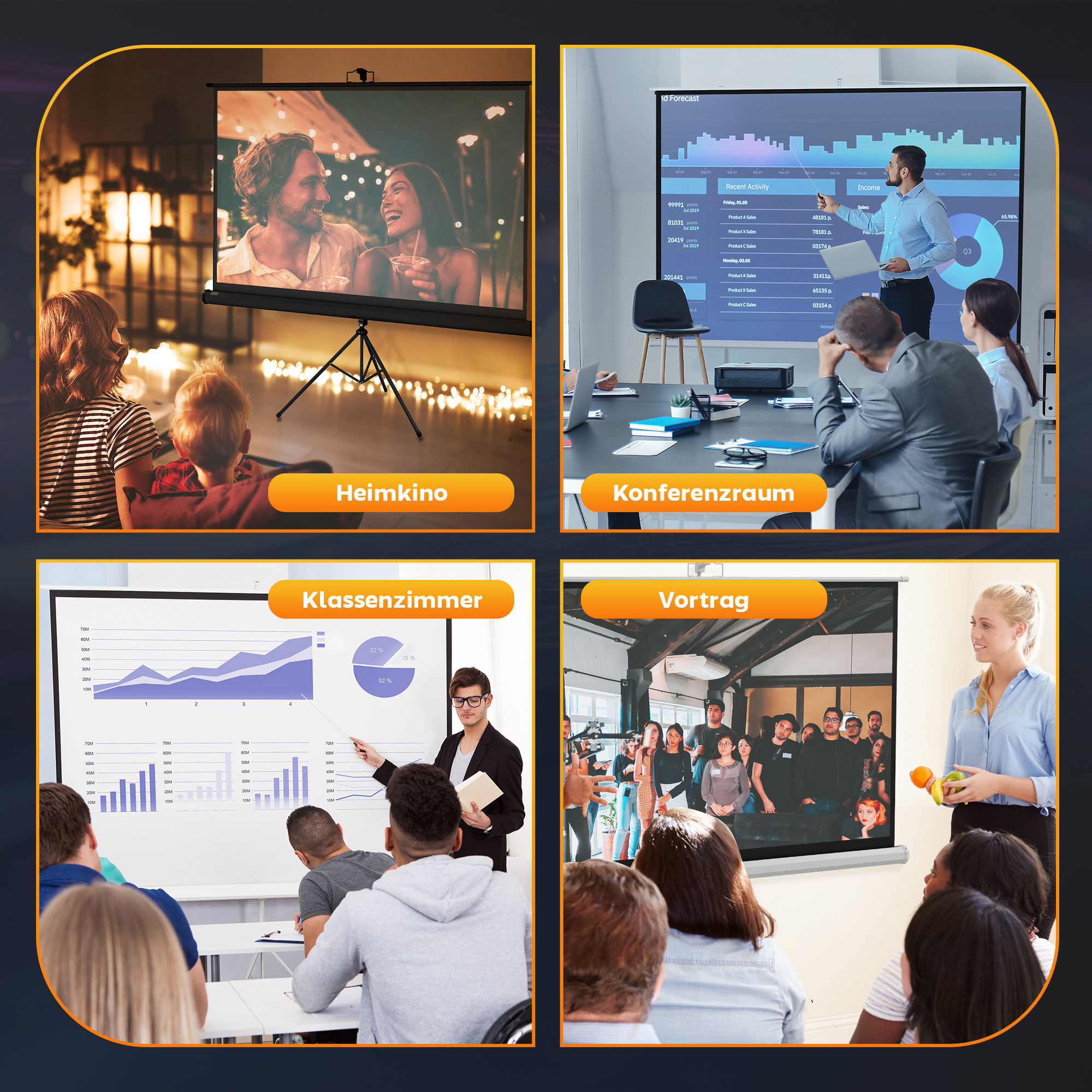 Beamer-Leinwand mit Stativ 221 x 124 cm 100 Zoll 16:9 HD 4K Rollo-Leinwand