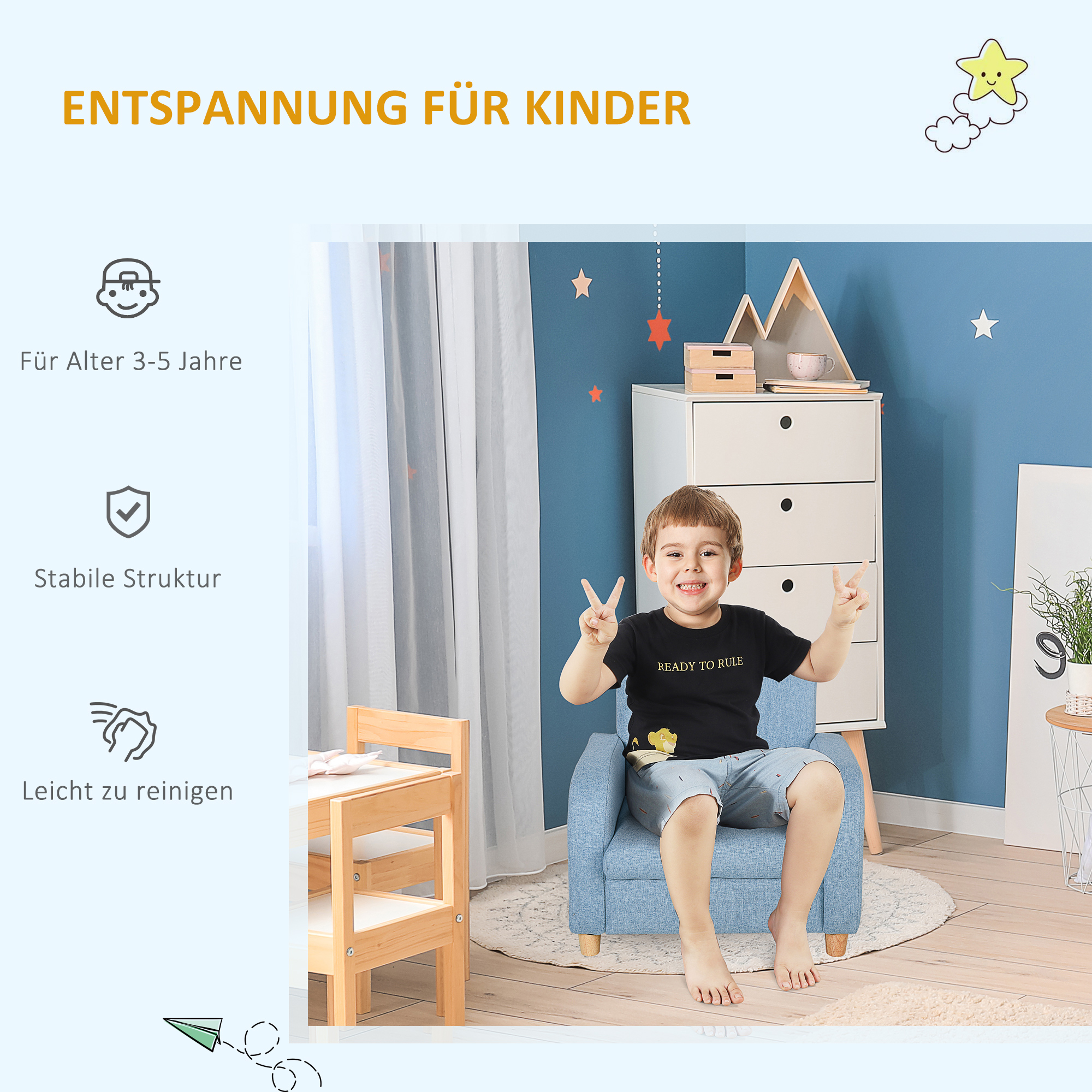 Kindersessel Kindersofa mit Leinen-Optik, massiven Holzfüßen Sessel aus Schaumstoff Kinderstuhl für Kinderzimmer, Spielzimmer, 49 x 45 x 44 cm, für Kinder 3-5 Jahre Blau