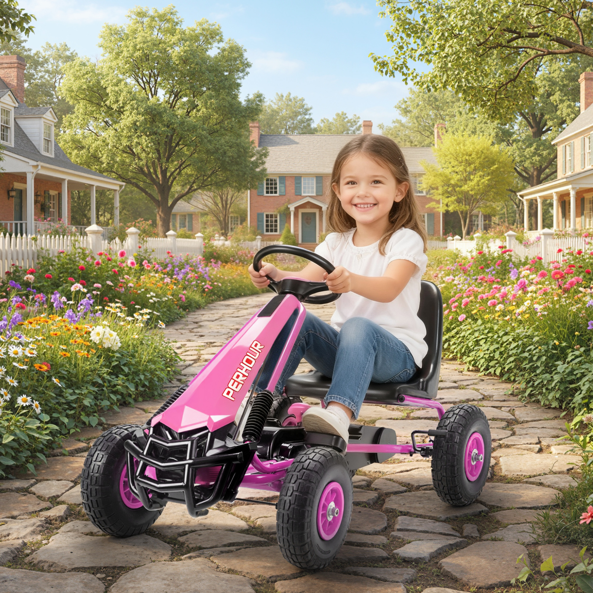 Pedal-Gokart für Kinder, höhenverstellbarer Sitz, EVA-Räder, Bremse, Kupplung, 3-8 Jahre, Rosa
