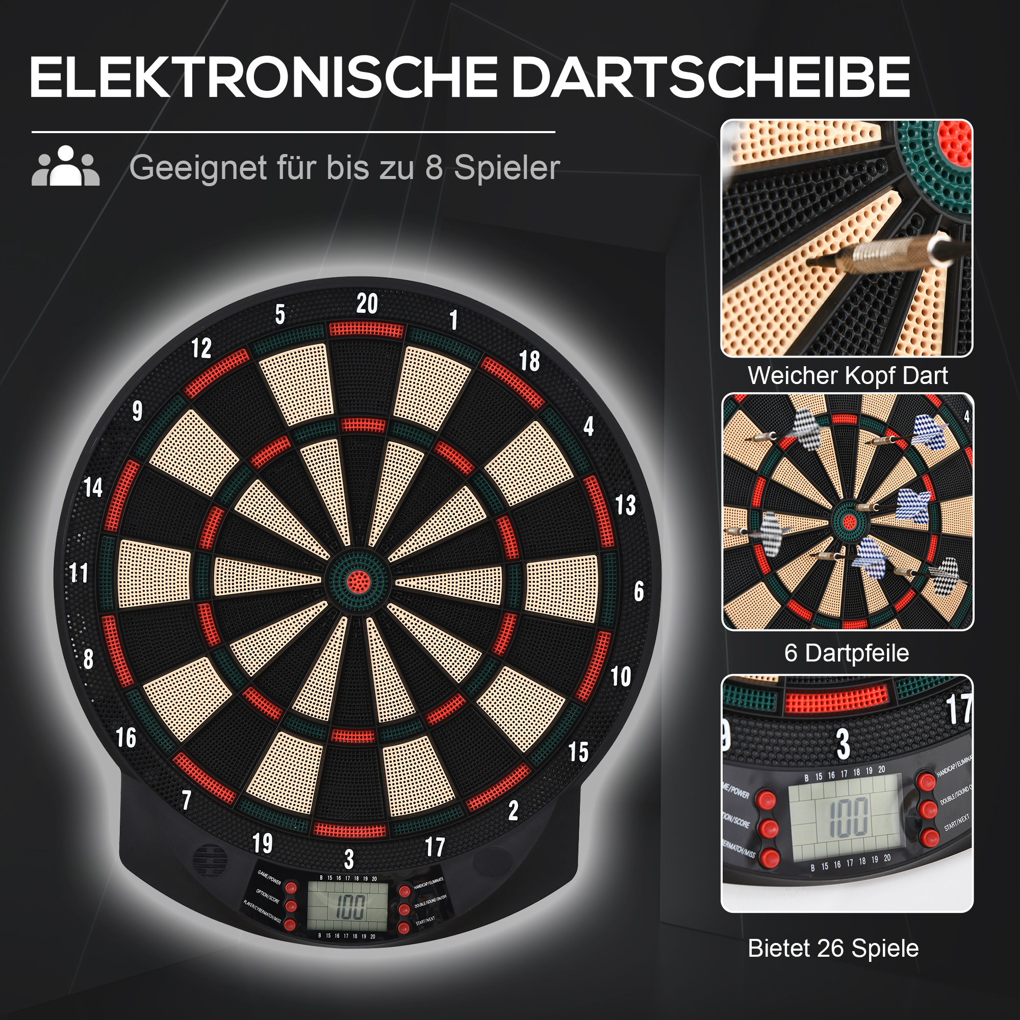 elektronische Dartscheibem automatische Wertungm Dartboard-Set mit 6 Darts, 30 Dartspitzen, schwarz
