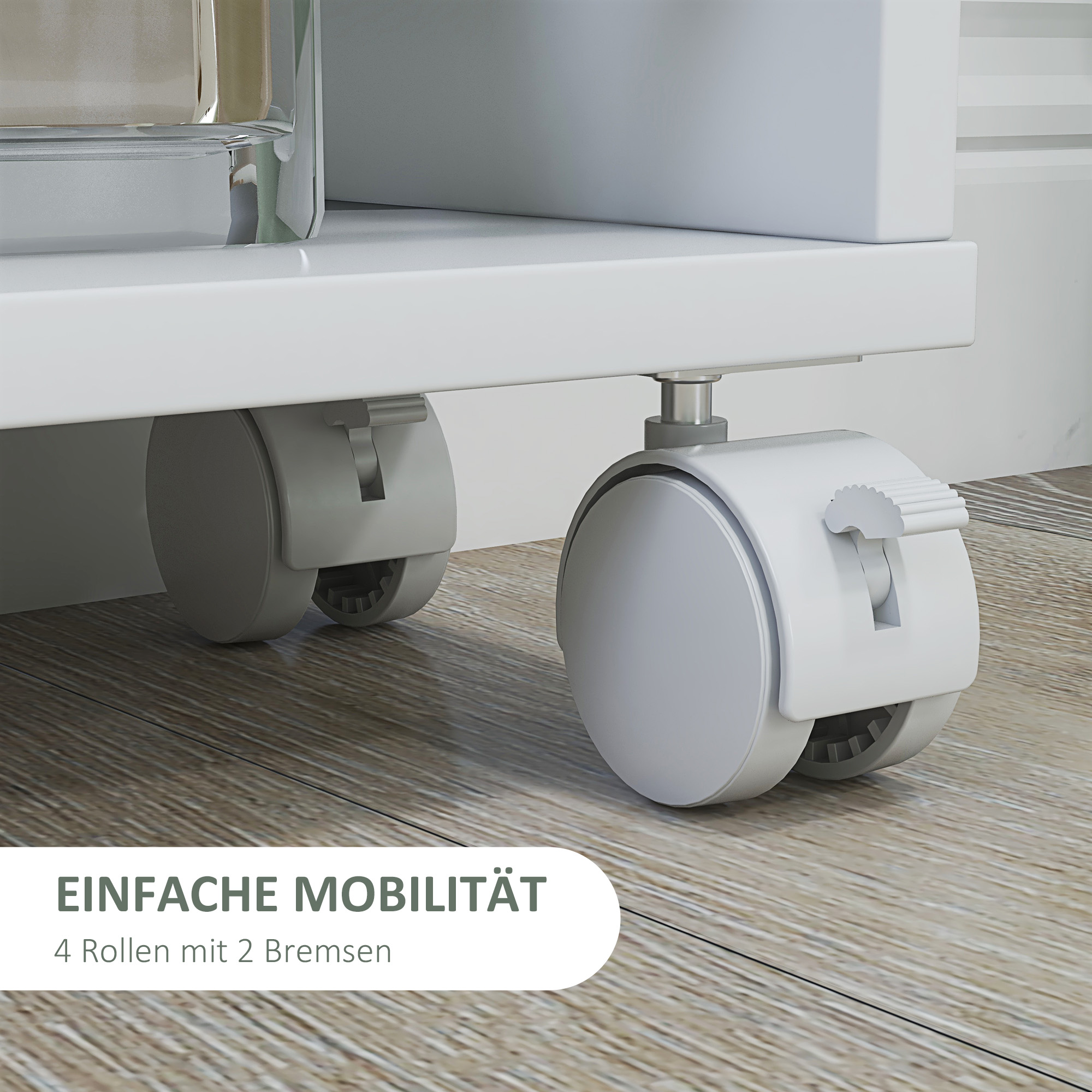 Multifunktionsregal mit Rollen, schmale Bauweise, 4 Fächer, 45x15x91 cm, Weiß