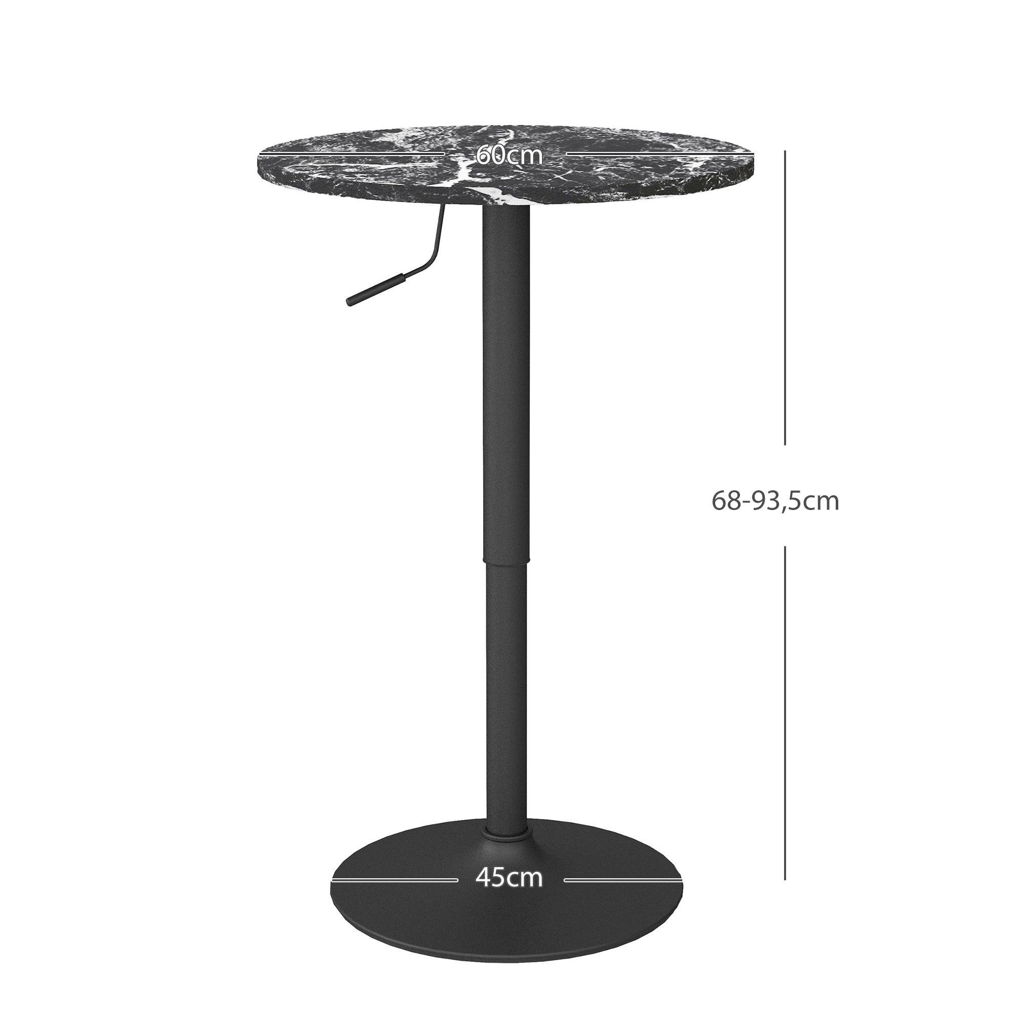 Bartisch für 2 Personen, höhenverstellbar, Marmoroptik, 60 x 60 x 68-93,5 cm, Schwarz