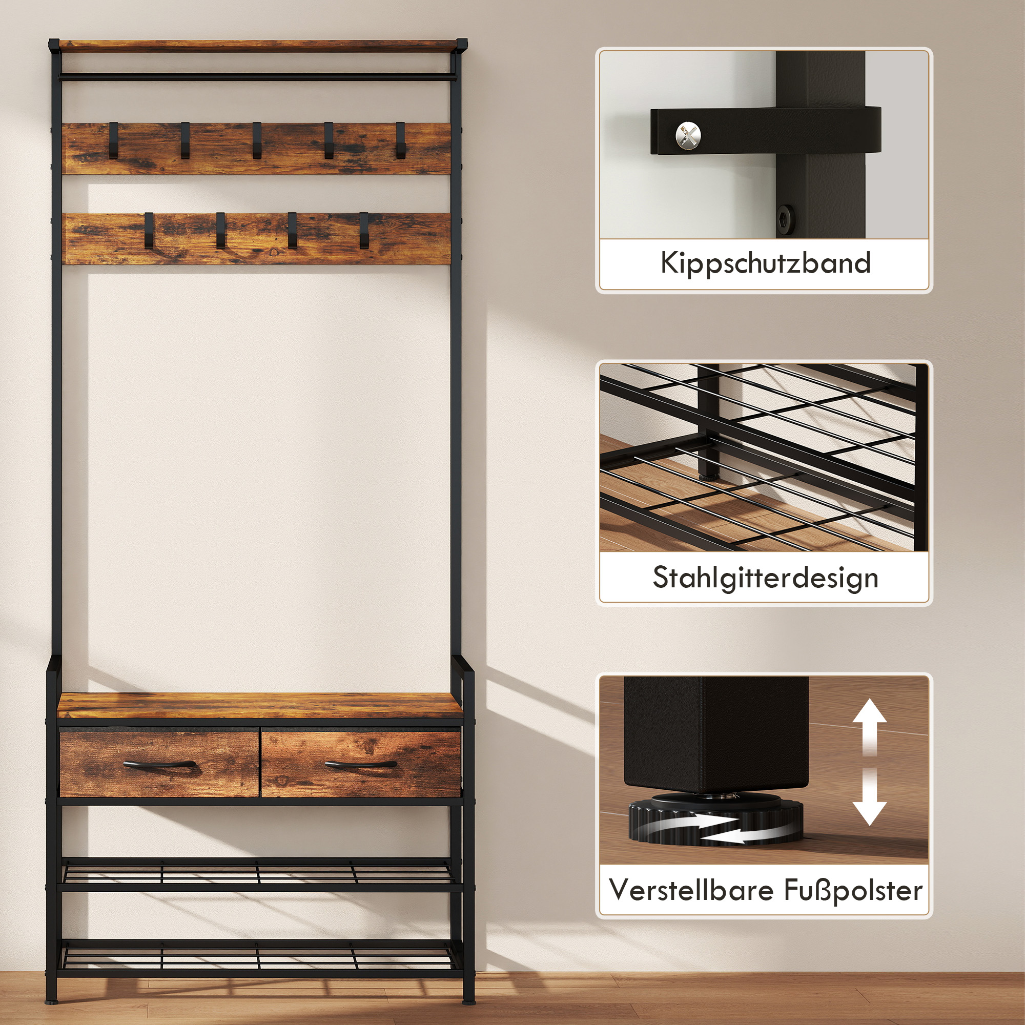 Garderobenständer mit Kleiderhaken, Schuhbank, Industrieller Eingangs-Organizer, Stahlrahmen, Rustikal Braun