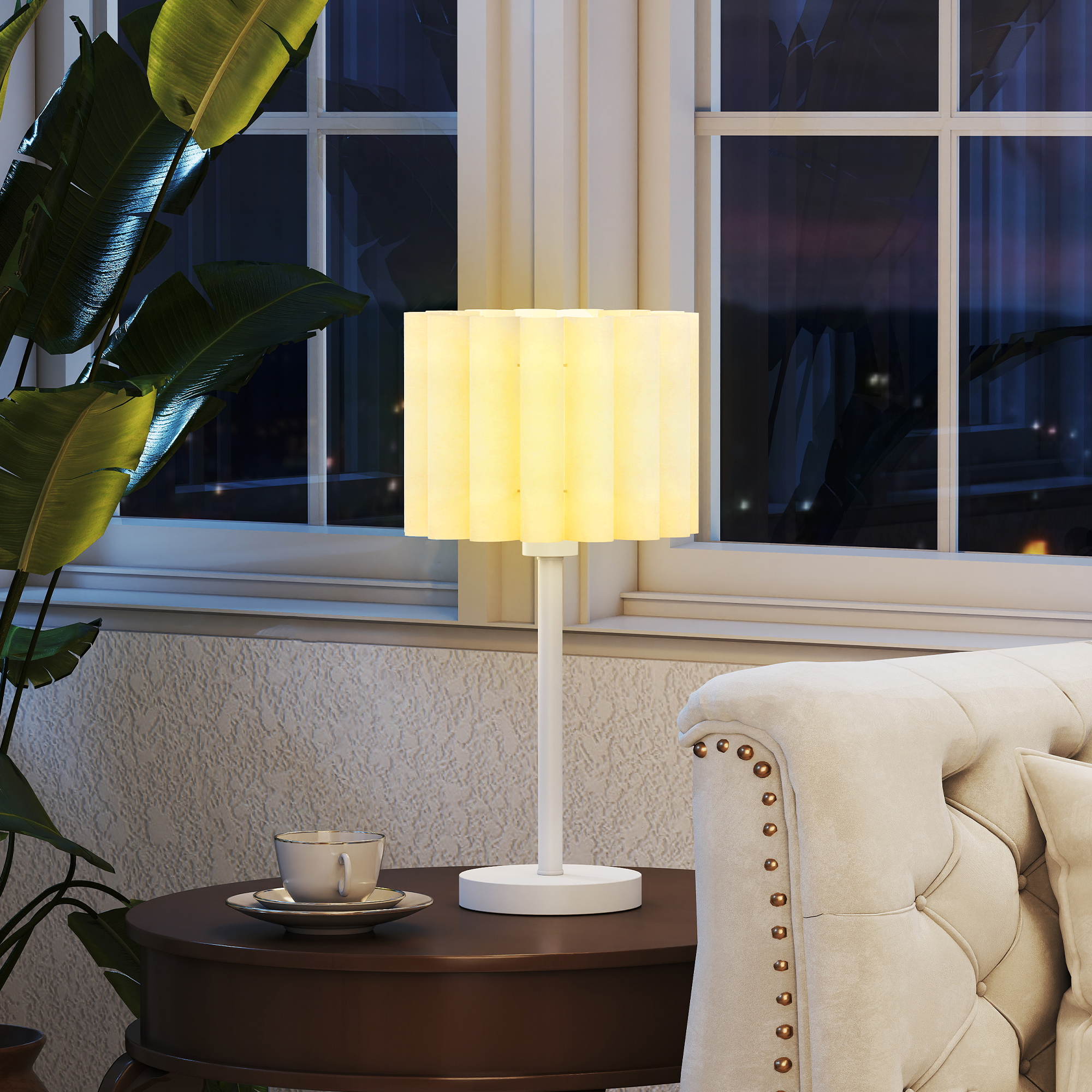 Tischlampe im Retro-Stil, Nachttischlampe, Kunststoff-Schirm, Knopfschalter, Weiß