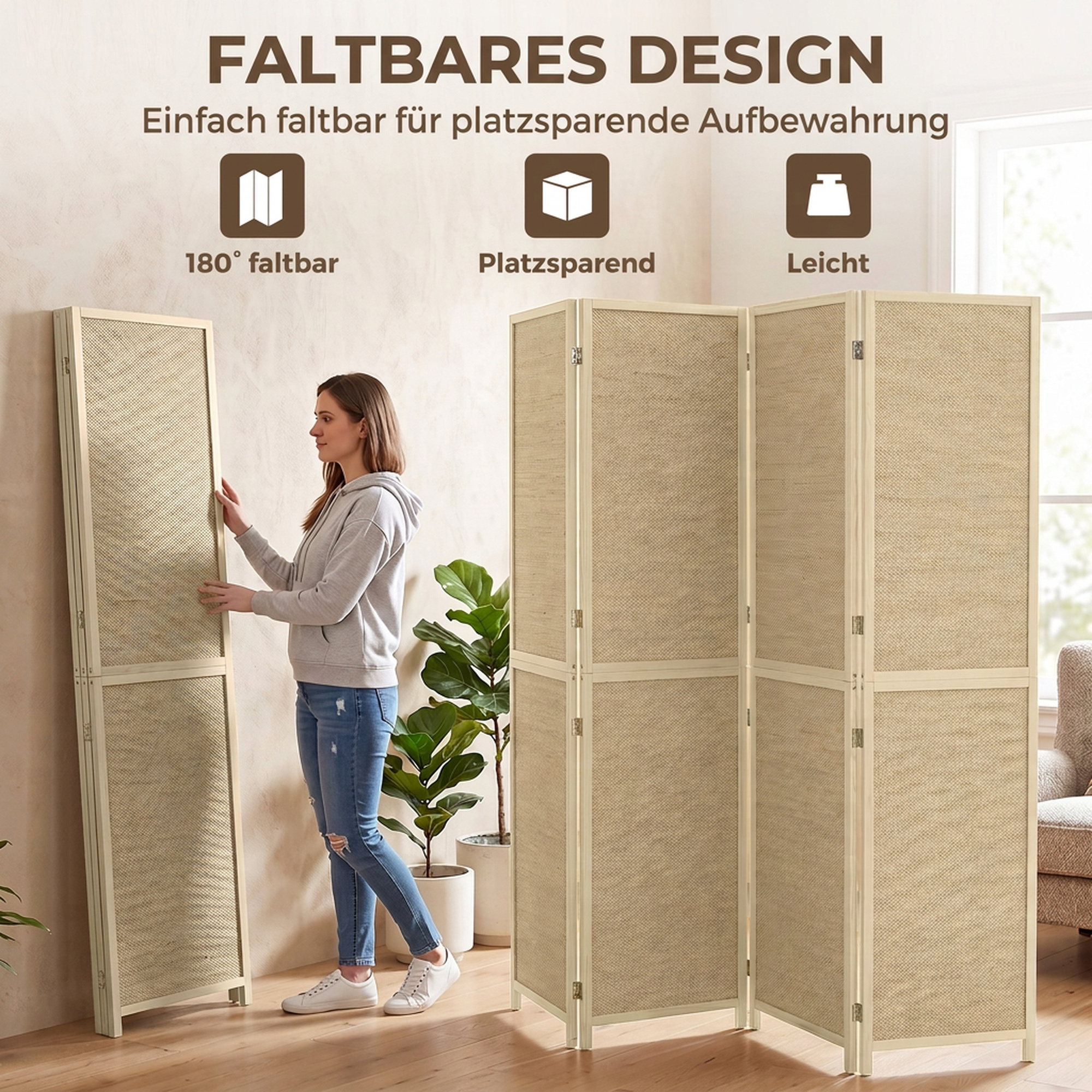 Paravent mit 4 Paneelen, faltbare Trennwand aus handgeflochtenem Bambus, 180 x 180 cm, Natur