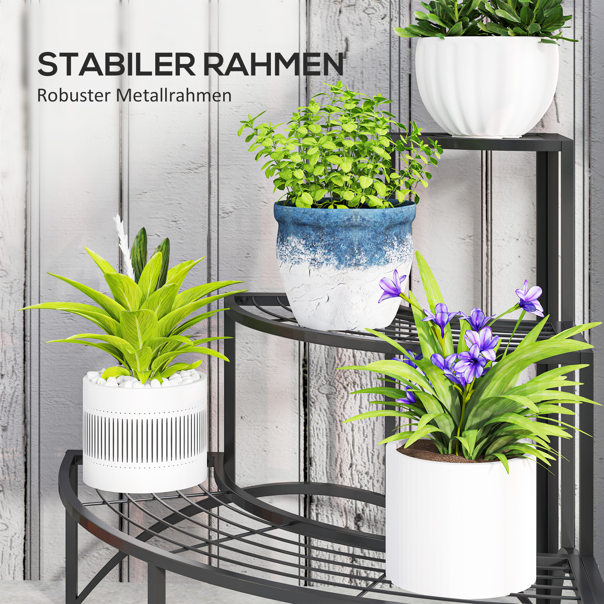 Eckpflanzenständer, Blumenständer mit 3 Ebenen, Metall, für drinnen und draußen, Blumentopfständer, Schwarz