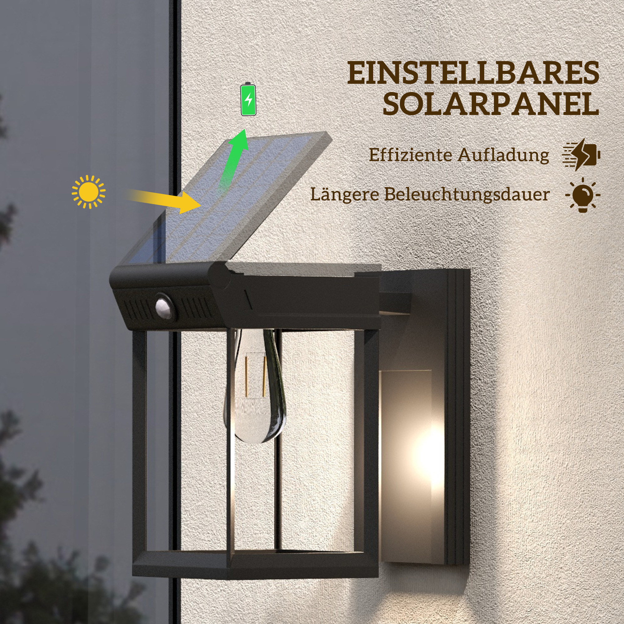 Garten-Solarlicht Außenleuchte Solarlampe, Spritzwassergeschützt, Bewegungssensor, 14 cm x 24 cm x 24 cm, Schwarz