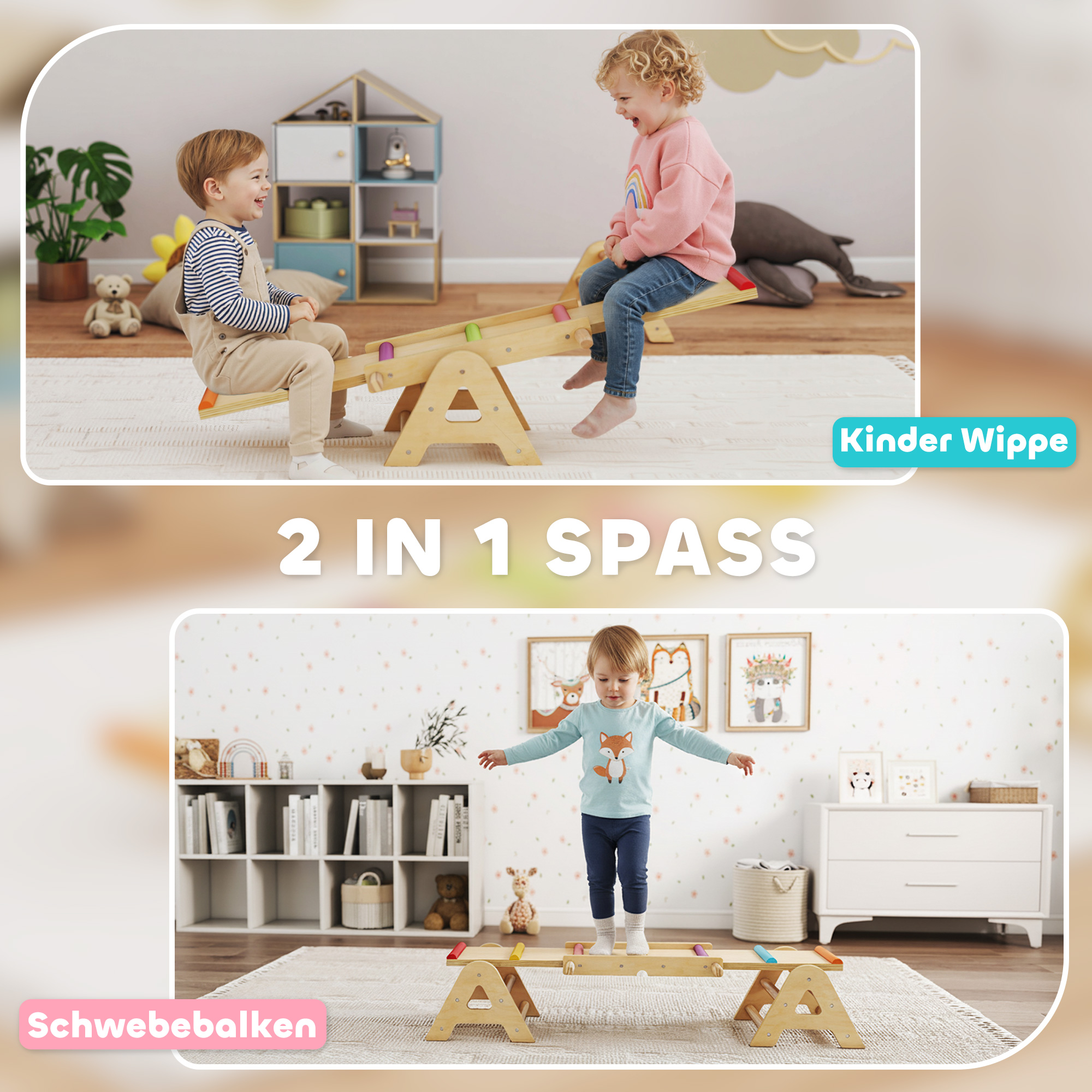2 In 1 Balance Wippe Kinder, Schwebebalken aus Holz, Wippe Schaukelwippe Garten, Balance Board 133 x 38 x 24 cm