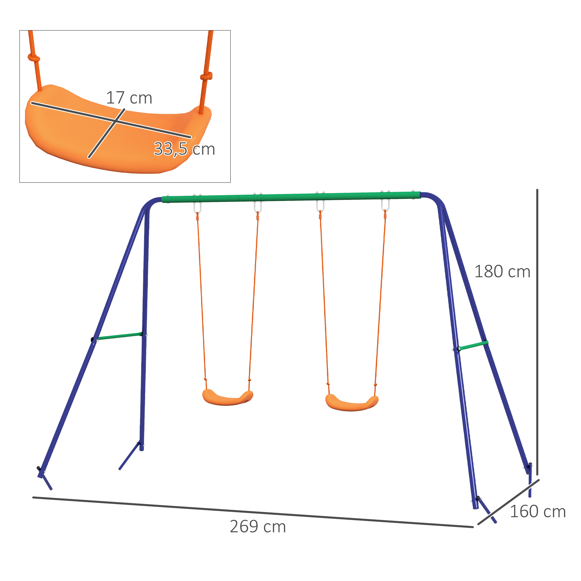 Kinder-Schaukelgestell mit 2 Schaukelsitzen, für 3-8 Jahre, Stahl, 2,7 x 1,6 x 1,8 m