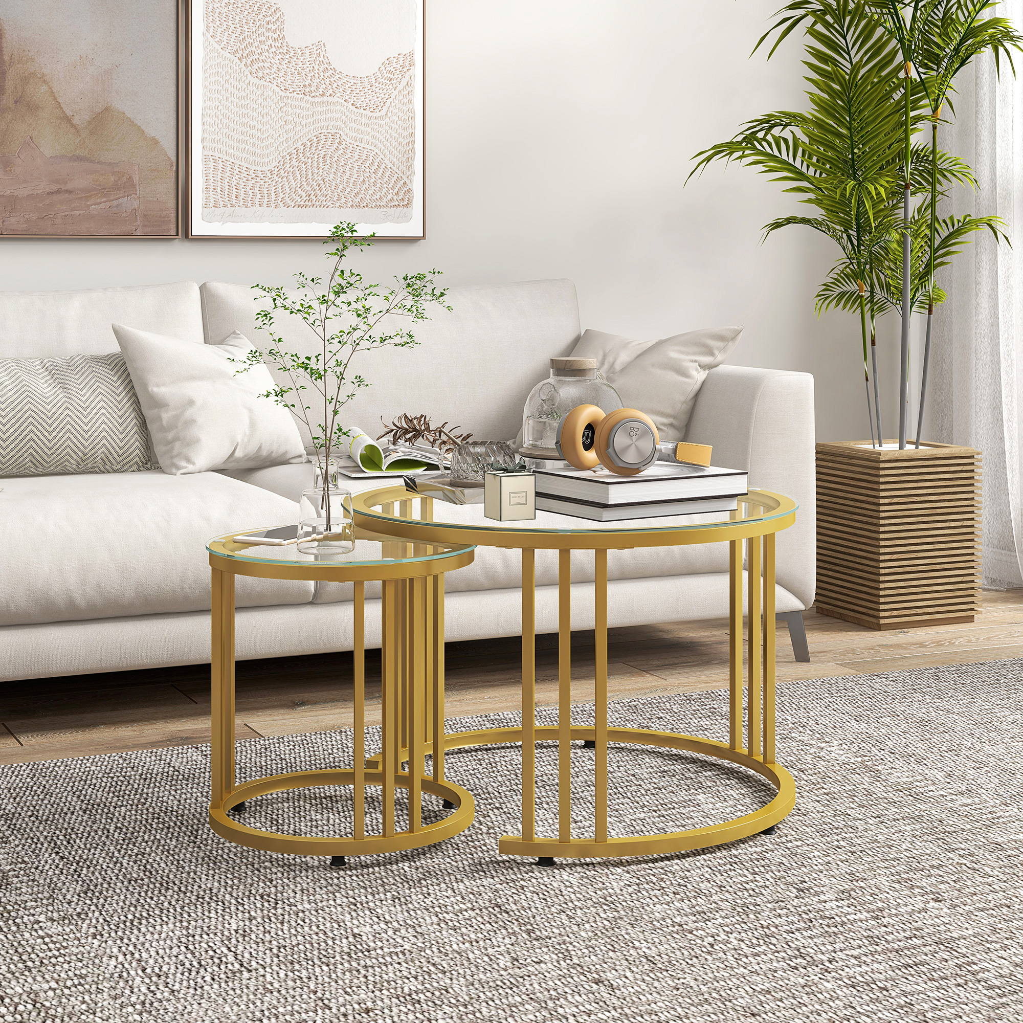 Beistelltisch-Set, 2 Satztische, Karbonstahl, Glasplatte, Ø60x47/Ø40x42 cm, Gold