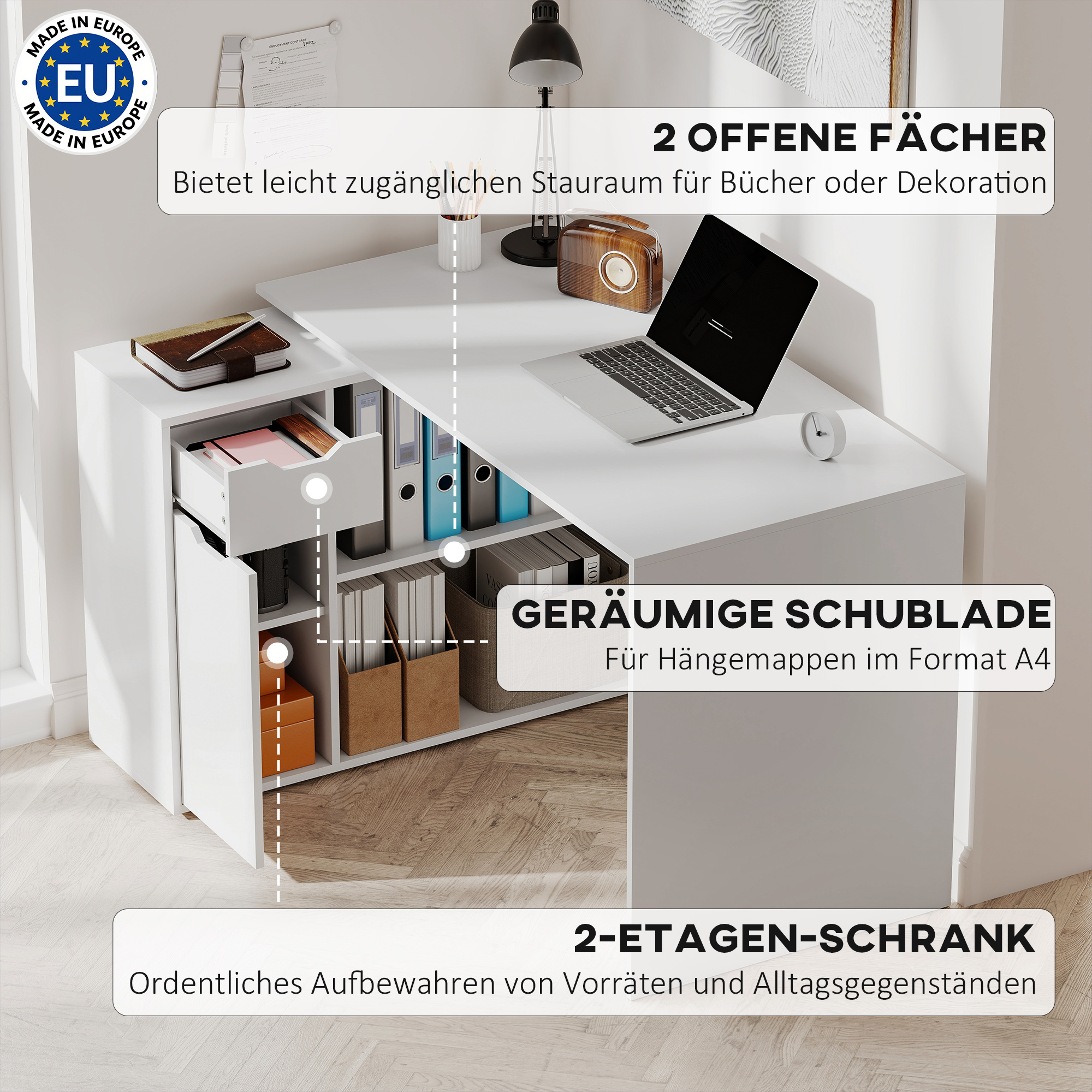 Flexibler Schreibtisch, 2-stufiger Schrank, Schublade, offene Fächer, Holz, Weiß