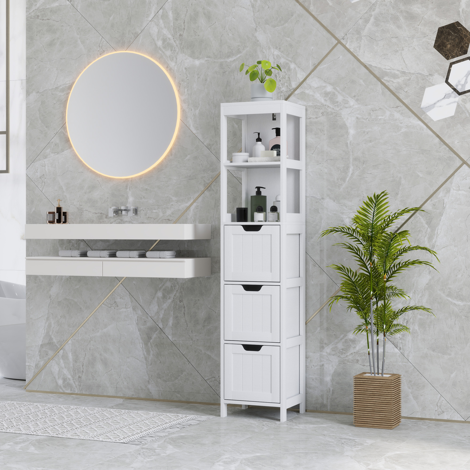 Badezimmerschrank, 2 Regale, 3 Schubladen, wasserabweisendes Material, Weiß