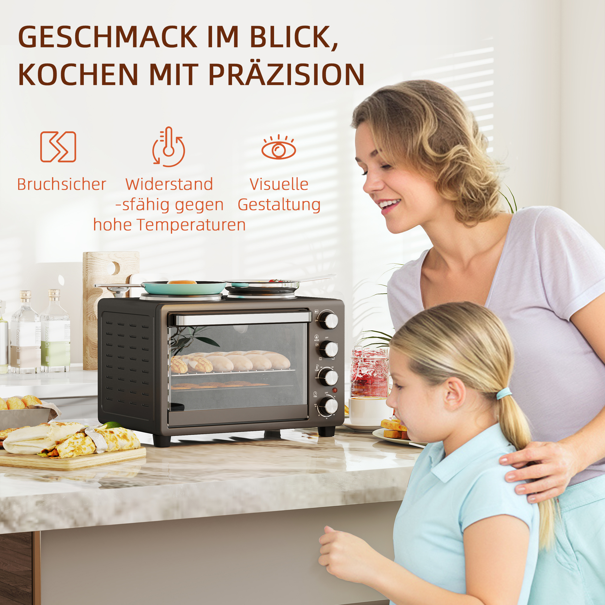 28 L Toasterofen, Kompakter Backofen zum Kochen und Grillen, Elektro-Ofen mit Backblech, Grillrost, 2600W, Schwarz