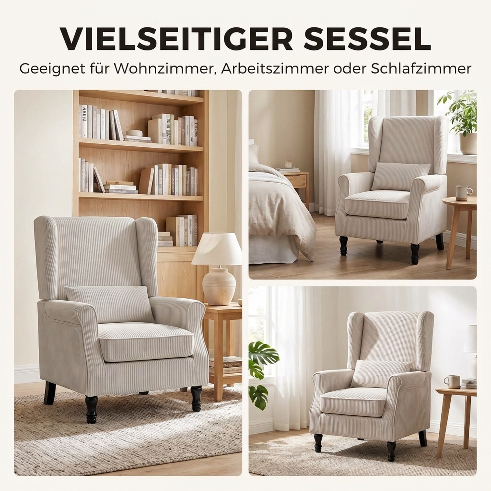 Sessel Ohrensessel mit Armlehnen, Cord-Optik Loungesessel mit Lendenkissen, Hoher Rückenlehne Beige