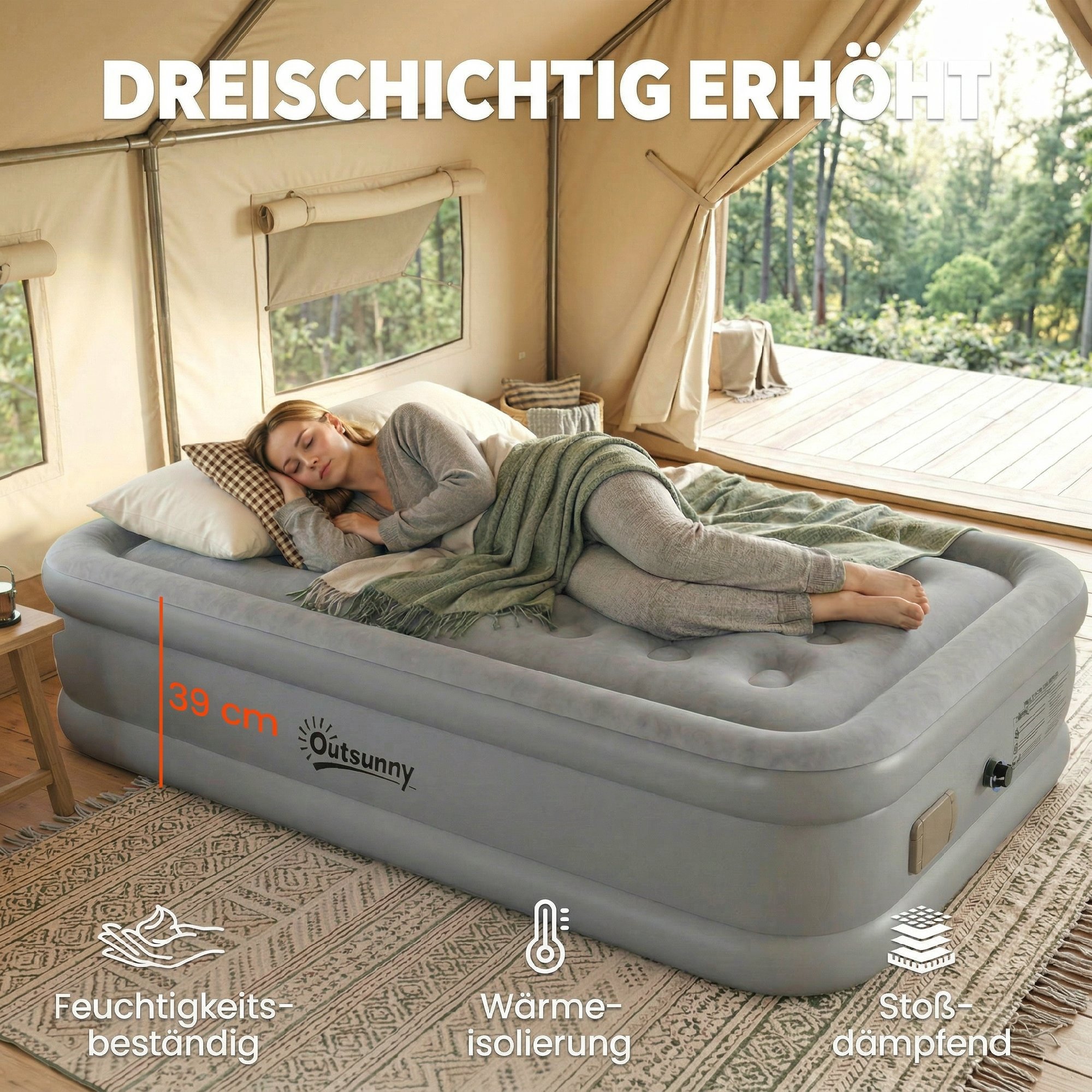 Luftmatratze, 1 Person, selbstaufblasend, Luftbett mit Integrierter elektrischer Pumpe in 3 Minuten Beflockte Oberfläche