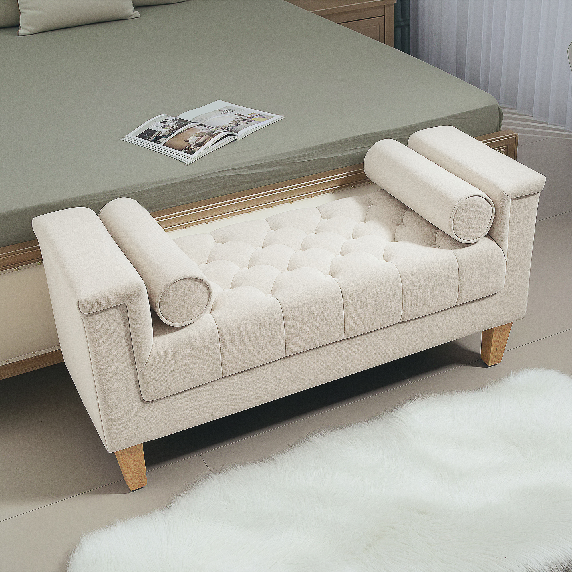 Polsterbank, Vintage-Design, 2 Kissen, Chenillebezug, 115 x 44 x 58 cm, Beige