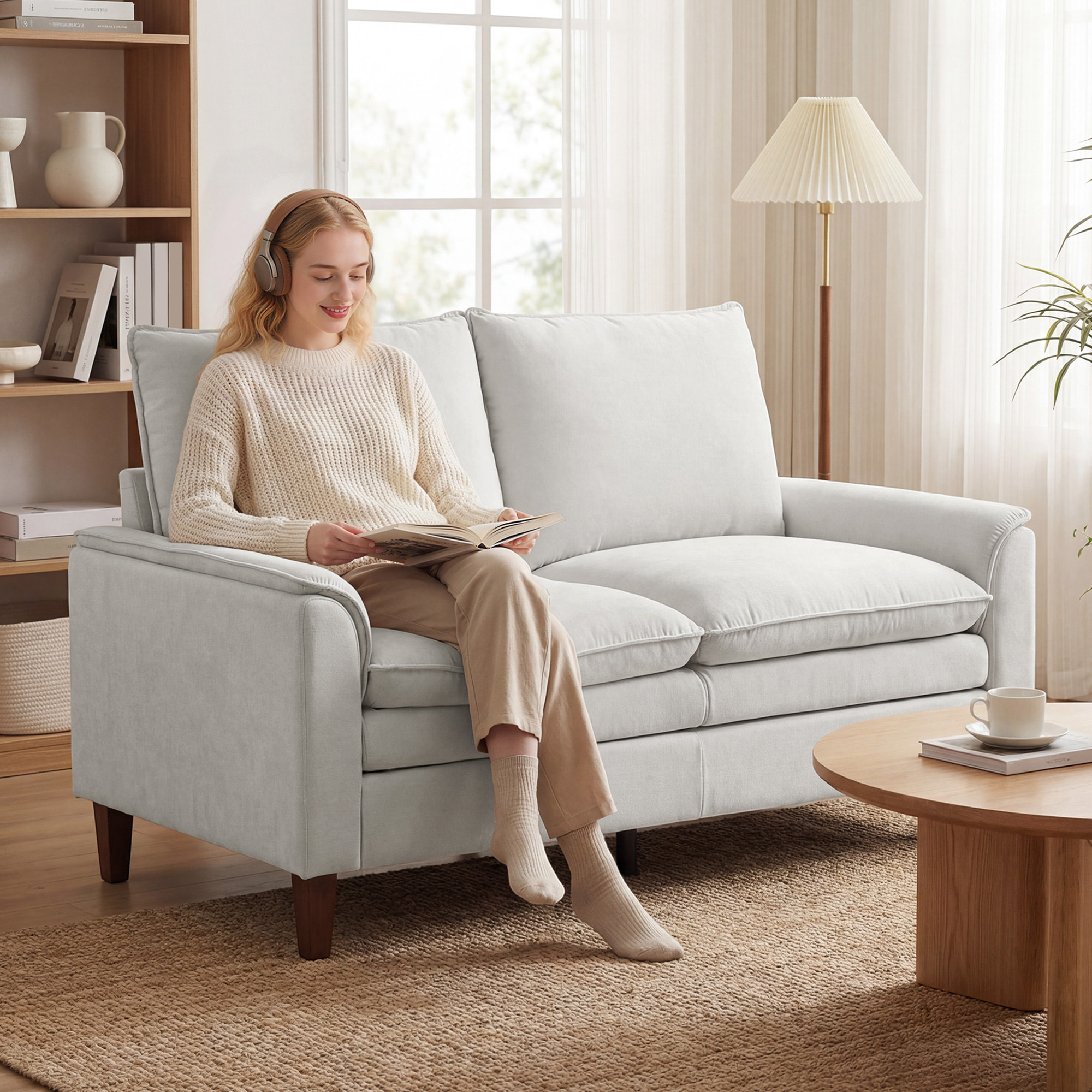 146 cm Zweisitzer Sofa, Chenille-Sofa mit doppellagiger Polsterung, Federkissen, tiefem Sitz, hoher Rückenlehne, Cremeweiß