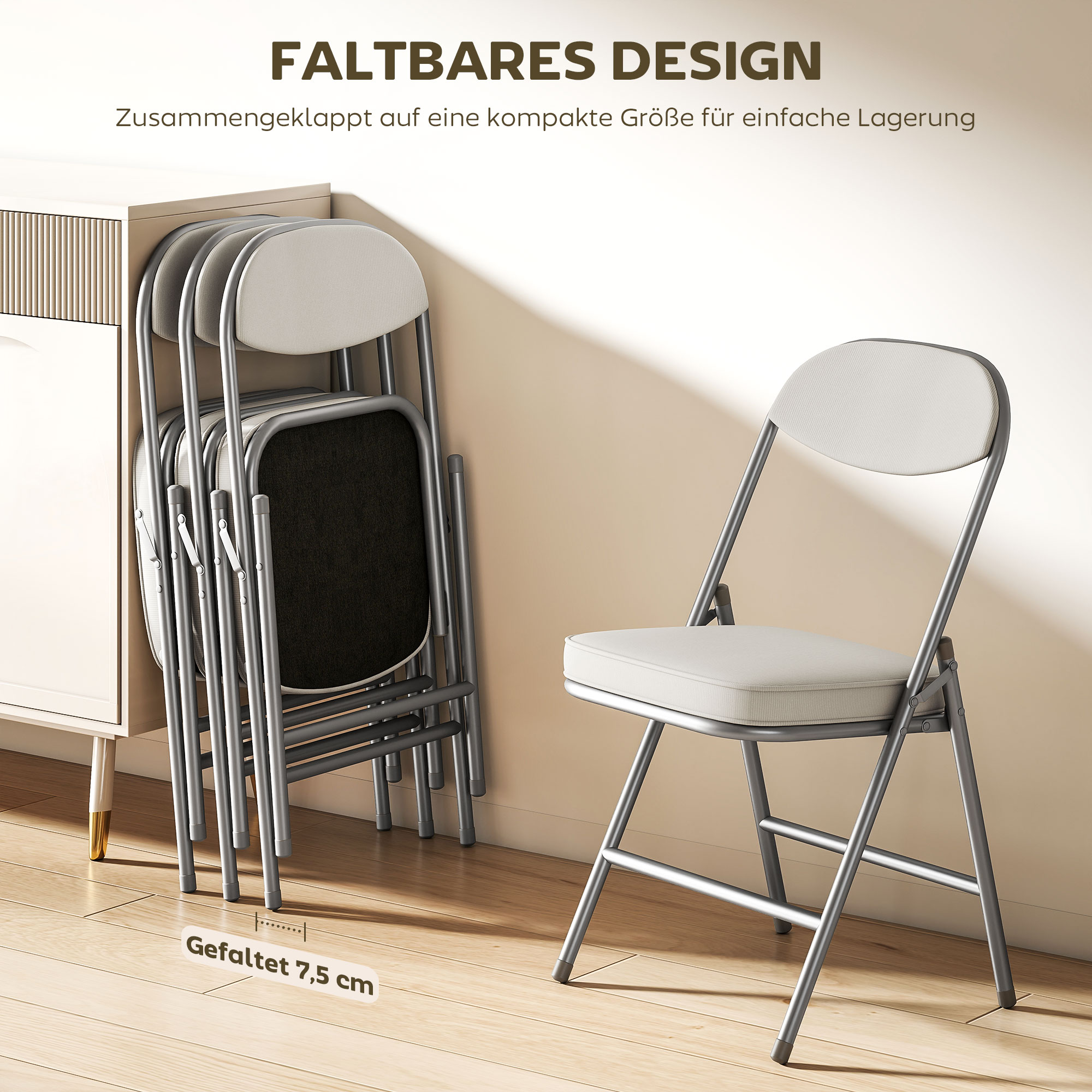 4er-Set gepolsterte Klappstühle, Faltbare Stühle mit Cordbezug, Rückenlehne, Metallrahmen, Cremeweiß