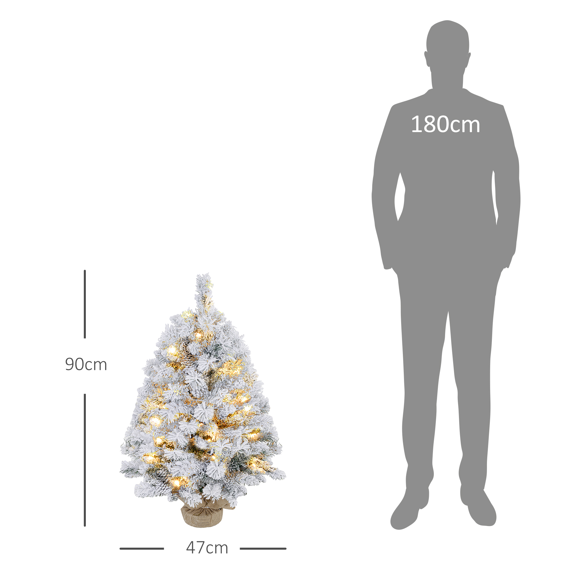 Weihnachtsbaum 92 cm, LED-Lichter, Schneezweige, Tannenzapfen, flammenhemmend, Betonfuß