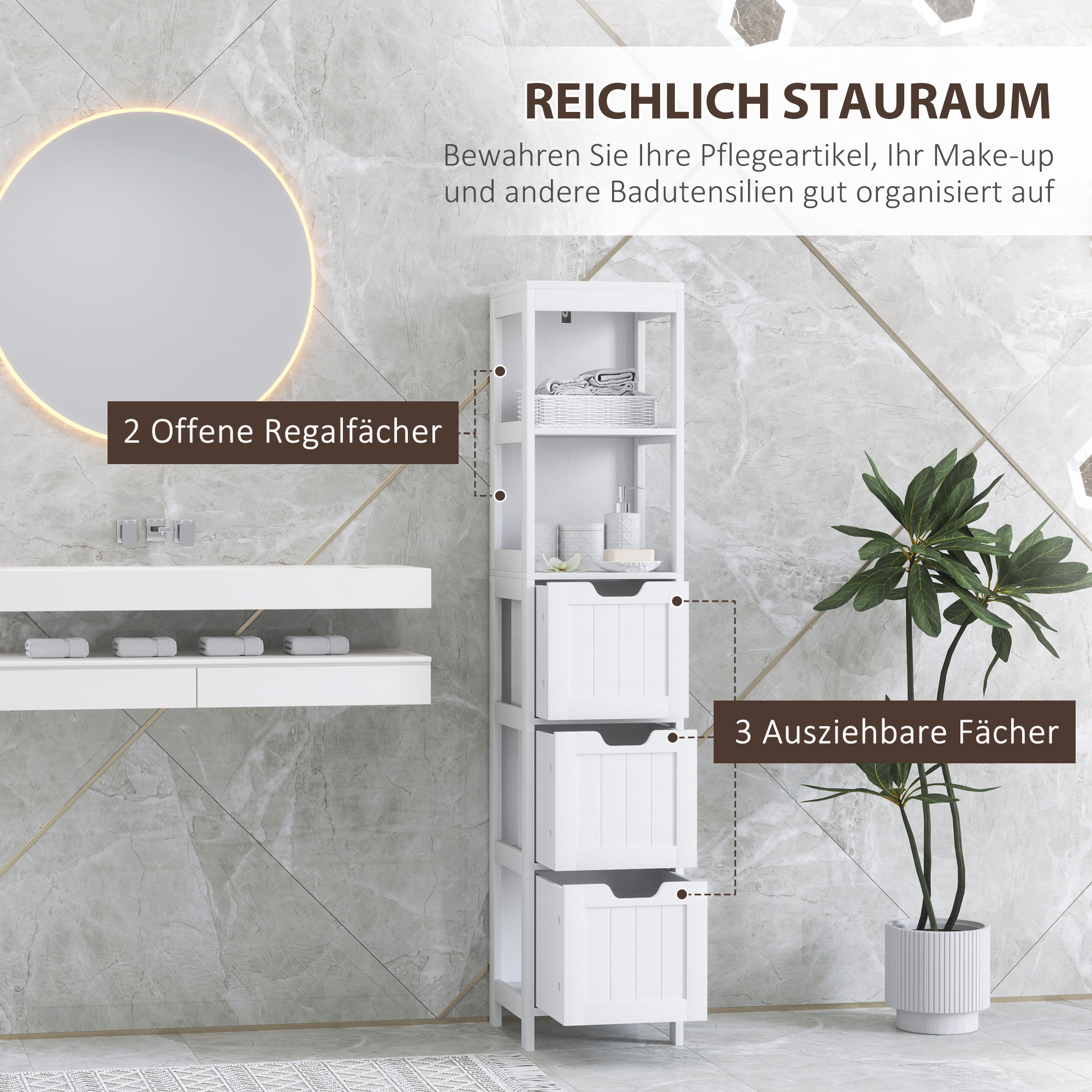 Badezimmerschrank, 2 Regale, 3 Schubladen, wasserabweisendes Material, Weiß