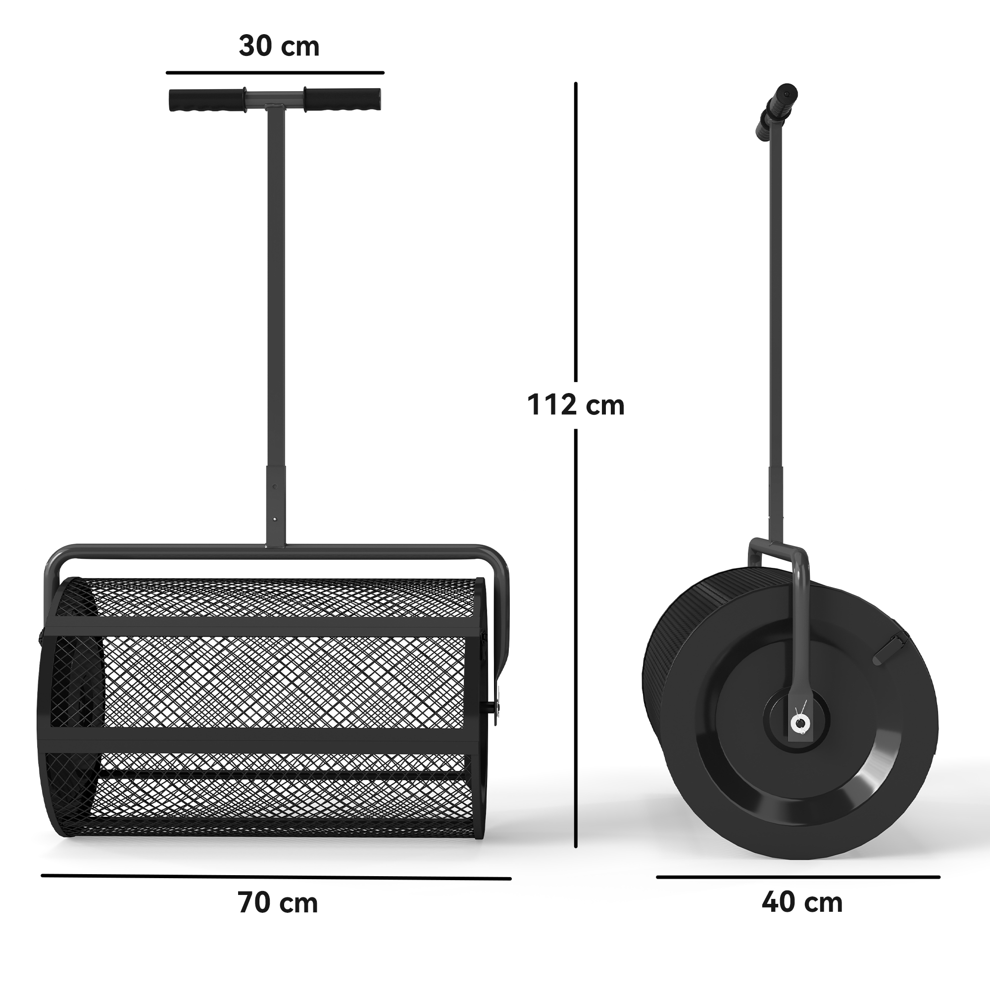 Kompoststreuer 75L 61x40cm Düngerstreuer Rasen Garten mit T-Griff Mesh-Korb Metall Schwarz