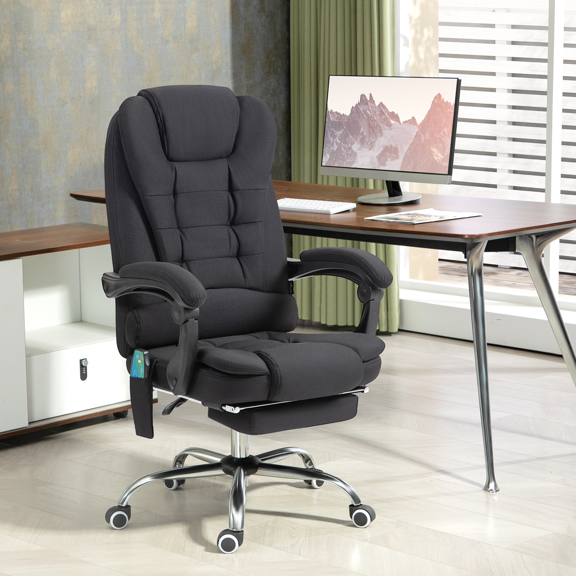 Bürostuhl mit Massagefunktion, Ergonomischer Schreibtischstuhl mit Liege- & Wärmefunktion, höhenverstellbar, Schwarz